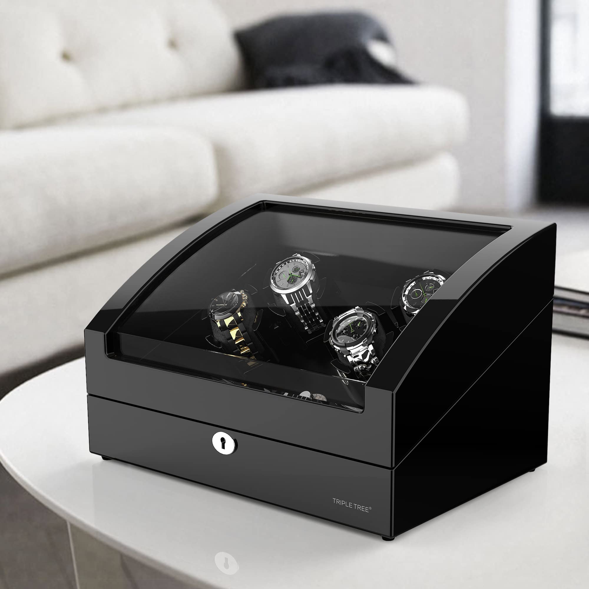 Premium Watch Winder for 4 Automatic Watches - 6 Extra Storage Slots, Elegant Wooden Piano Finish, Ultra-Quiet Motor & Adjustable Watch Pillows (Triple Tree) - Perfect for Watch Collectors, Luxury Storage & Display