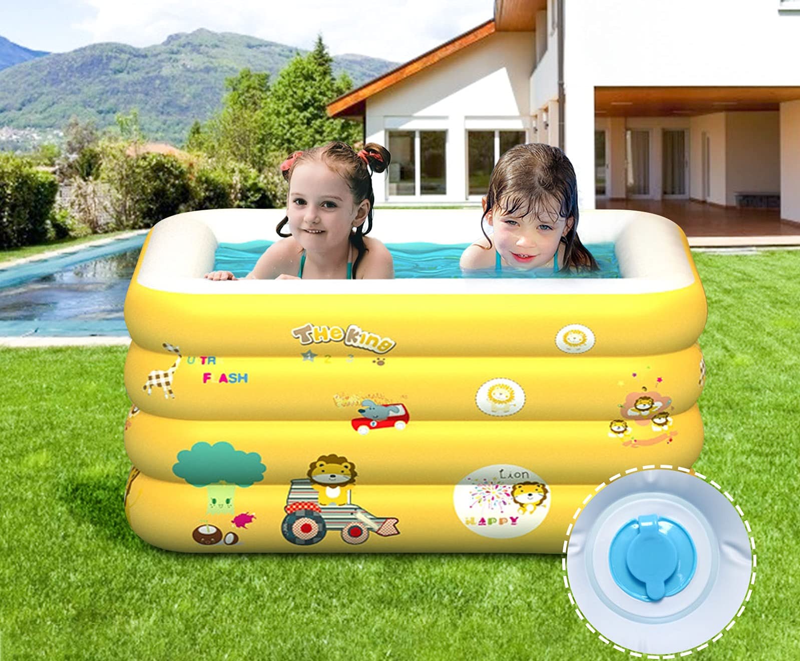 Inflatable Waves Swimming Pool for Kids - 180/150/120cm Large Above Ground Paddling Pool with Cartoon Pattern, Safe 4-Layer Design for Babies & Toddlers (Yellow, 180x125x75cm) - Perfect for Backyard Fun, Summer Parties & Water Play