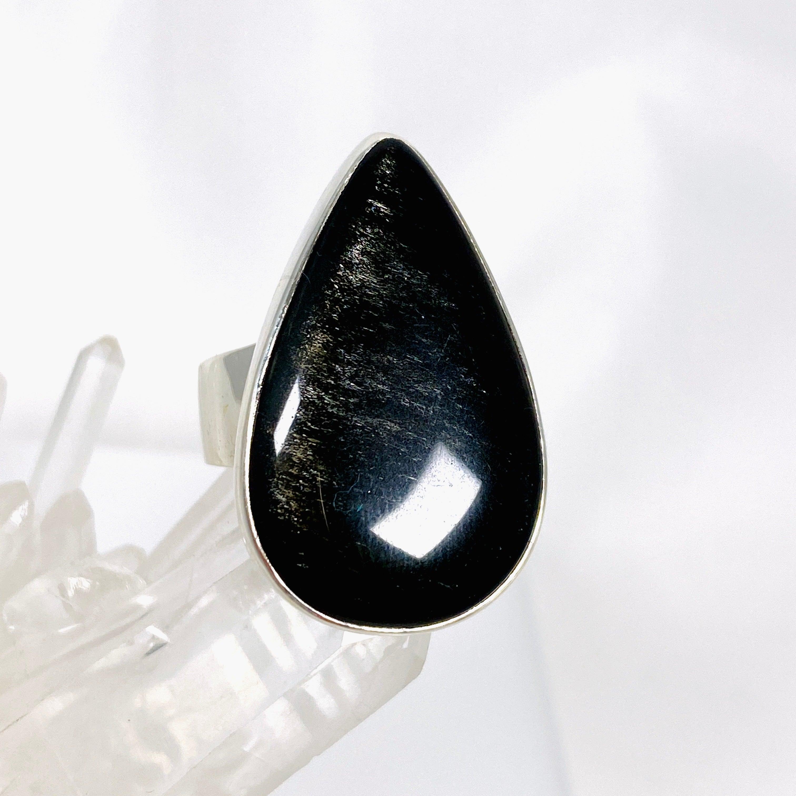 Silversheen Obsidian Teardrop Ring - Size 9 (KRGJ2925) | Elegant Gothic Jewelry for Women, Perfect for Evening Parties & Special Occasions