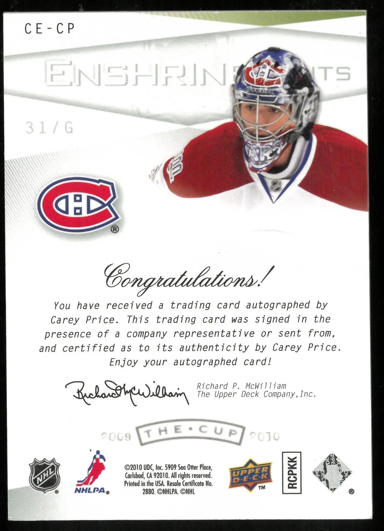 2009-10 Upper Deck The Cup Carey Price Enshrinements Autograph Hockey Card /50 - Perfect for NHL Collectors and Hockey Fans