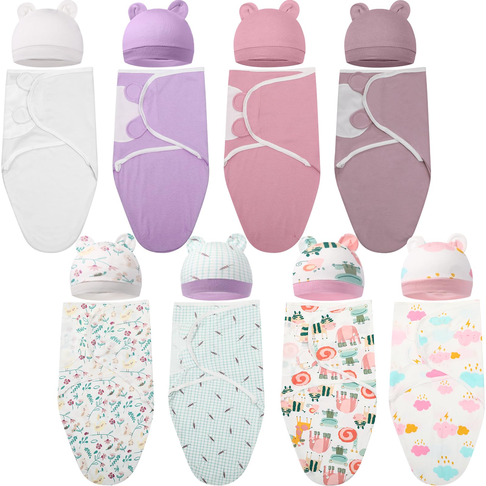 VitalCozy 8-Pack Soft Cotton Preemie Swaddle Blanket & Hat Set for Newborns 0-6 Months - Breathable Receiving Blankets with Matching Caps for Premature Baby Boys & Girls (Bright Colors) - Perfect for Hospital, Home & Photo Shoots