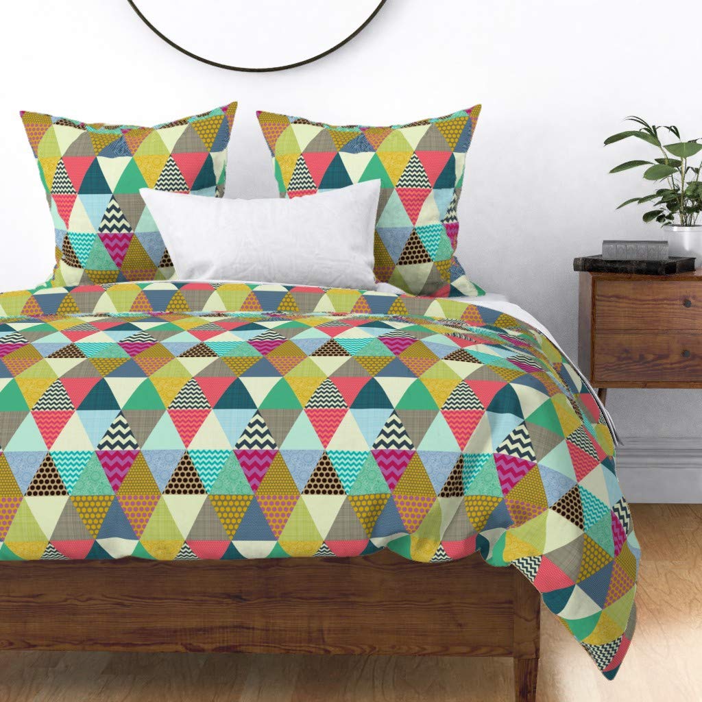 Premium Spoonflower Cotton Sateen Duvet Cover King/California King - Vibrant Geometric Boho Chevron Floral Print Custom Bedding Set | Perfect for Bohemian & Modern Bedroom Decor
