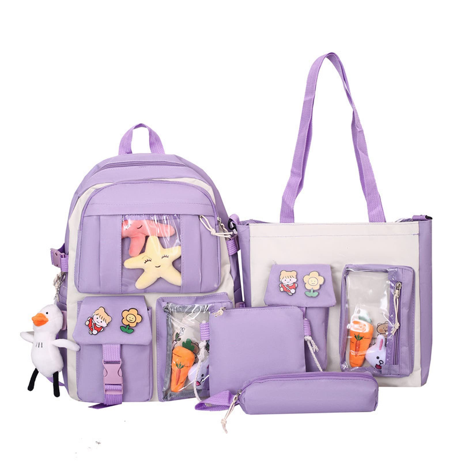 4Pcs Kawaii Canvas School Backpack Combo Set with Duck Pendant & Pins - Aesthetic Tote Bag & Laptop Backpack for Girls (Purple) | Perfect for School, College, Travel & Daily Use