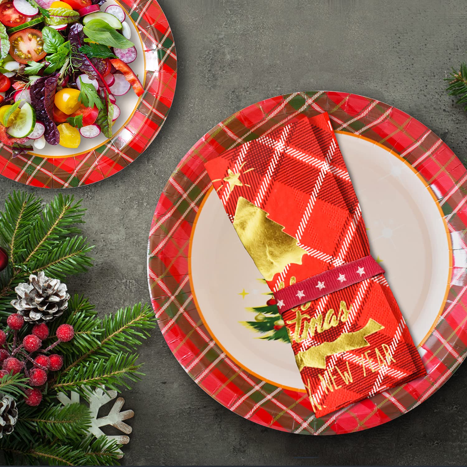 Gatherfun Christmas Party Supplies Set - 50 Disposable Red Plaid Paper Dinner Plates, Dessert Plates & Napkins for Holiday Celebrations | Perfect for Christmas Dinner, Office Parties & Family Gatherings