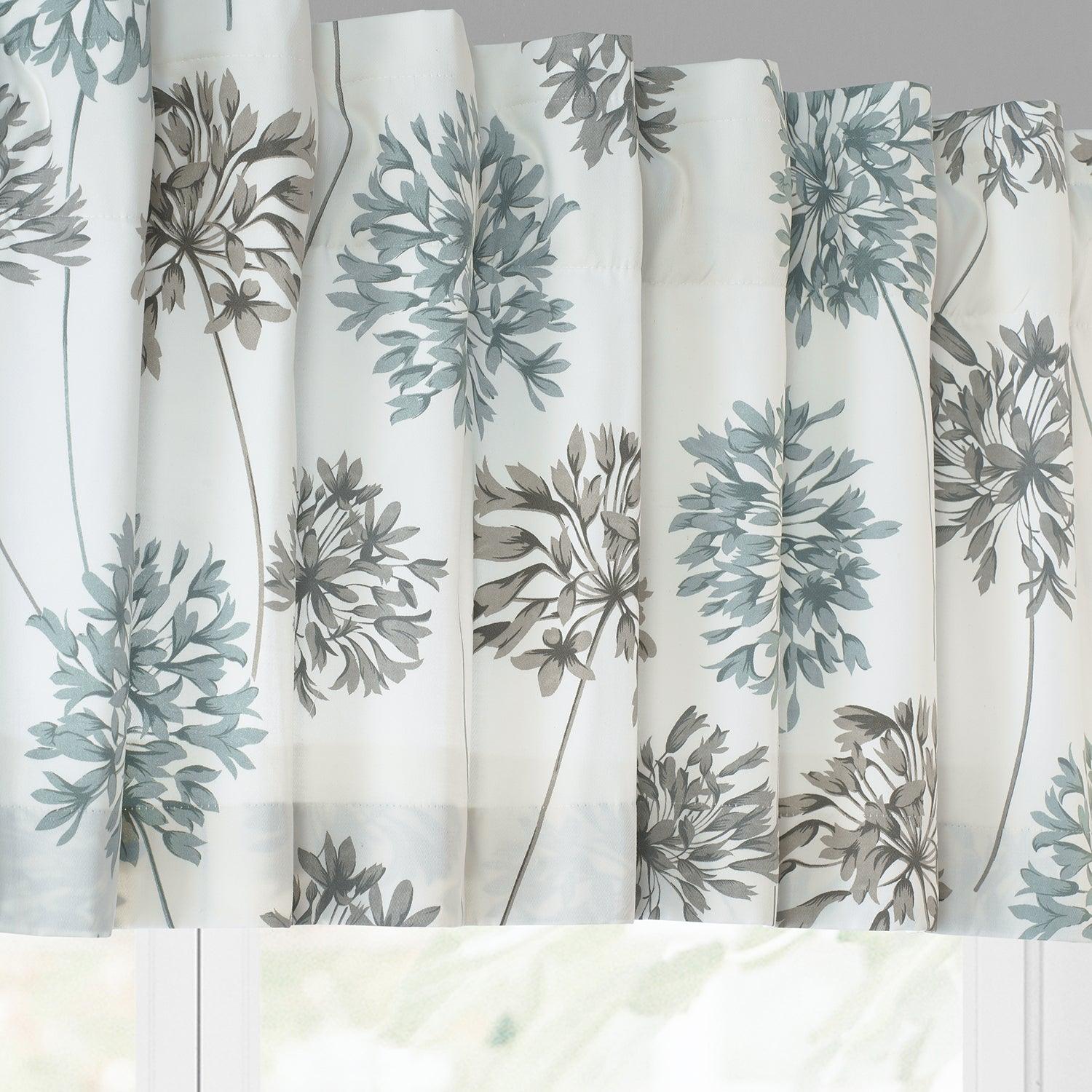 Allium Blue Gray Floral Printed Cotton Window Valance - Elegant Curtain Top Treatment for Living Room, Bedroom & Kitchen Decor