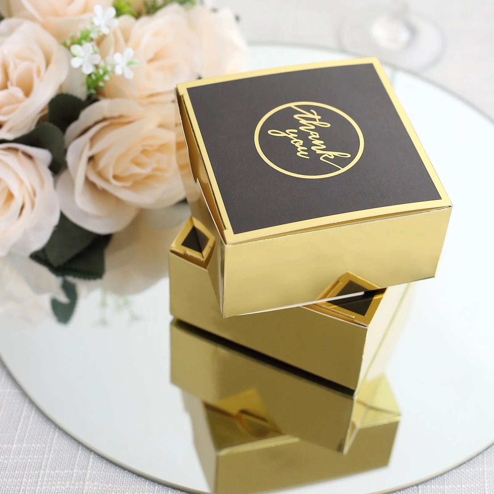 25 Pack 4x4 Inch Square Favor Boxes with Thank You Print - Gold and Black Gift Holders for Weddings, Parties & Special Events