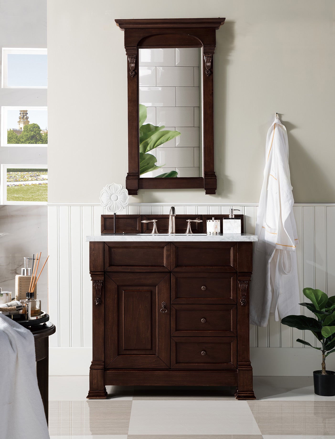 Brookfield 36 Inch Single Bathroom Vanity with Burnished Mahogany Finish & 3CM Carrara Marble Top - Perfect for Modern Master Bathrooms & Guest Powder Rooms