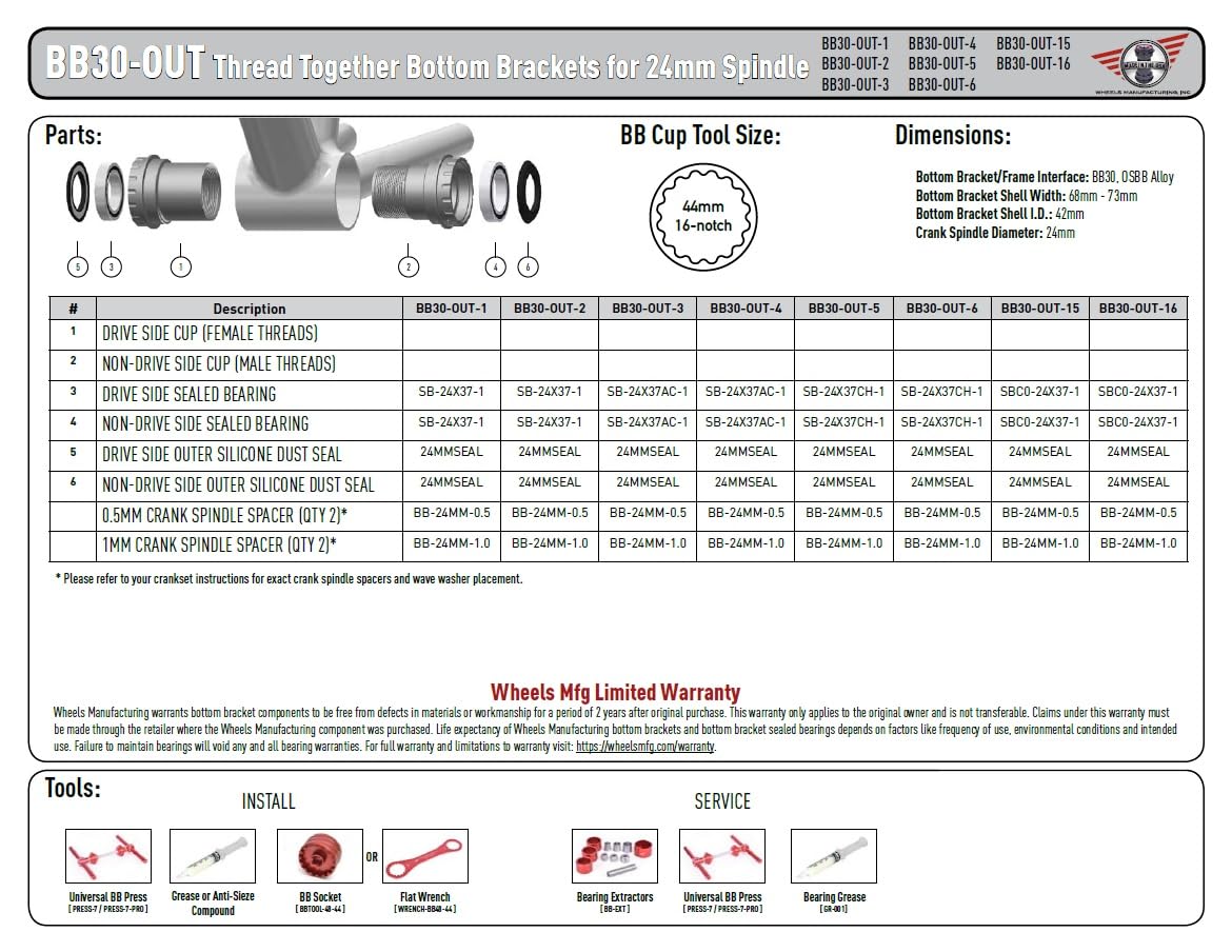 Wheels Manufacturing BB30 to Outboard Bottom Bracket Adapter with Angular Contact Bearings - Compatible with Road & Mountain Bikes, Ideal for Upgrading Crankset Performance