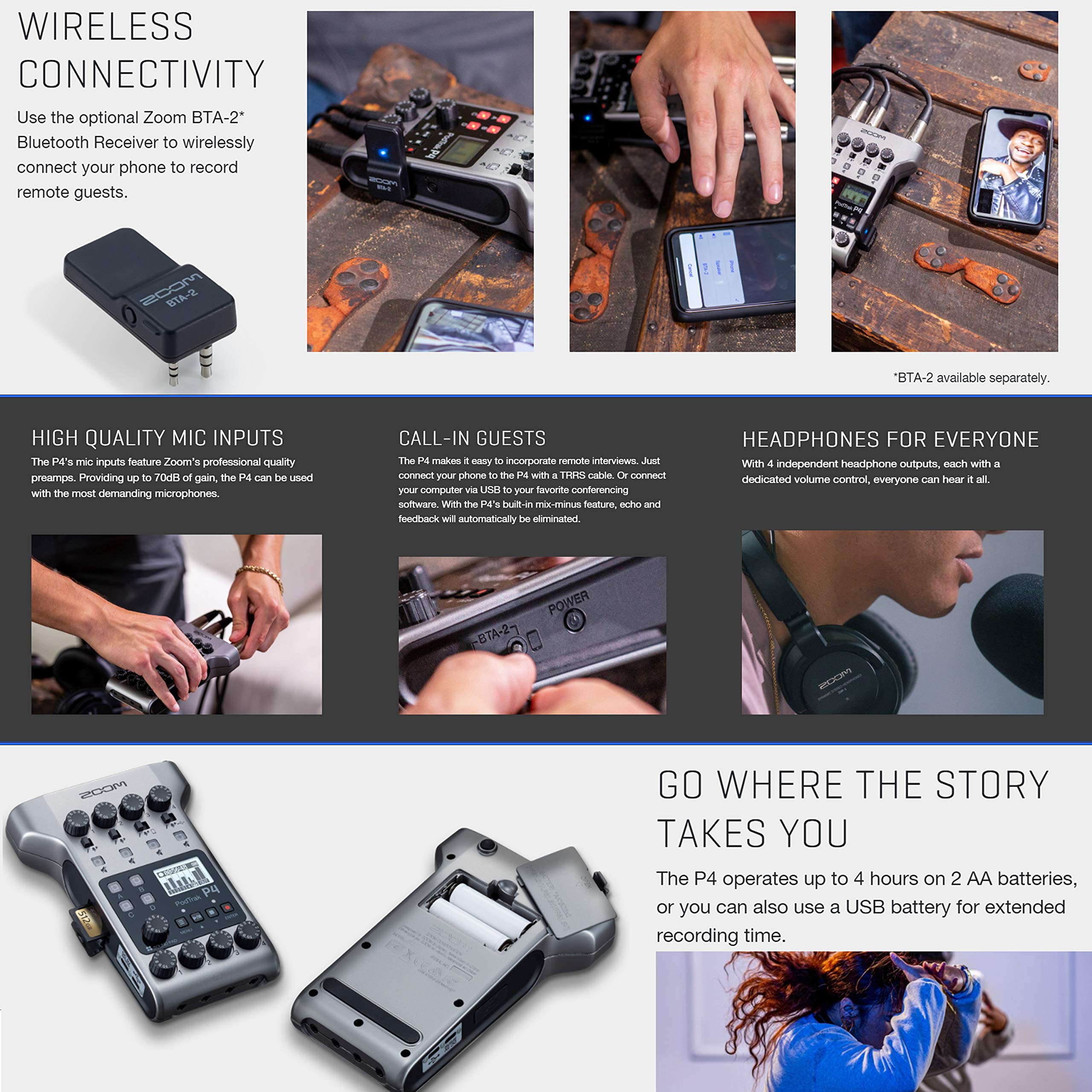 Zoom PodTrak P4 Portable 4-Channel Podcast Recorder Kit with 2x M-1 Mics, Headphones, Windscreen, XLR Cable, Stand, 64GB Memory & Accessories - Perfect for Home Studio, Field Recording & Podcasting
