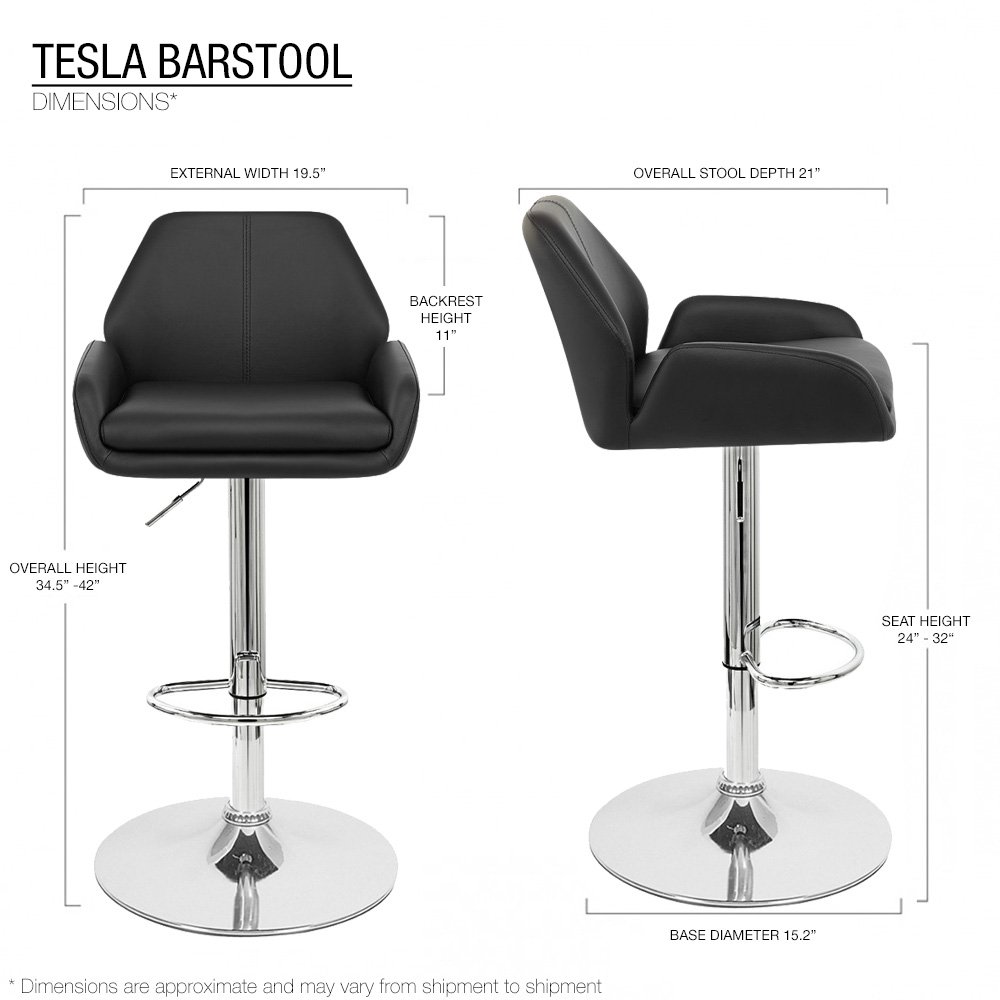 Set of 4 Tesla Modern Leather Adjustable Bar Stools - Black Licorice for Kitchen Island & Home Bar