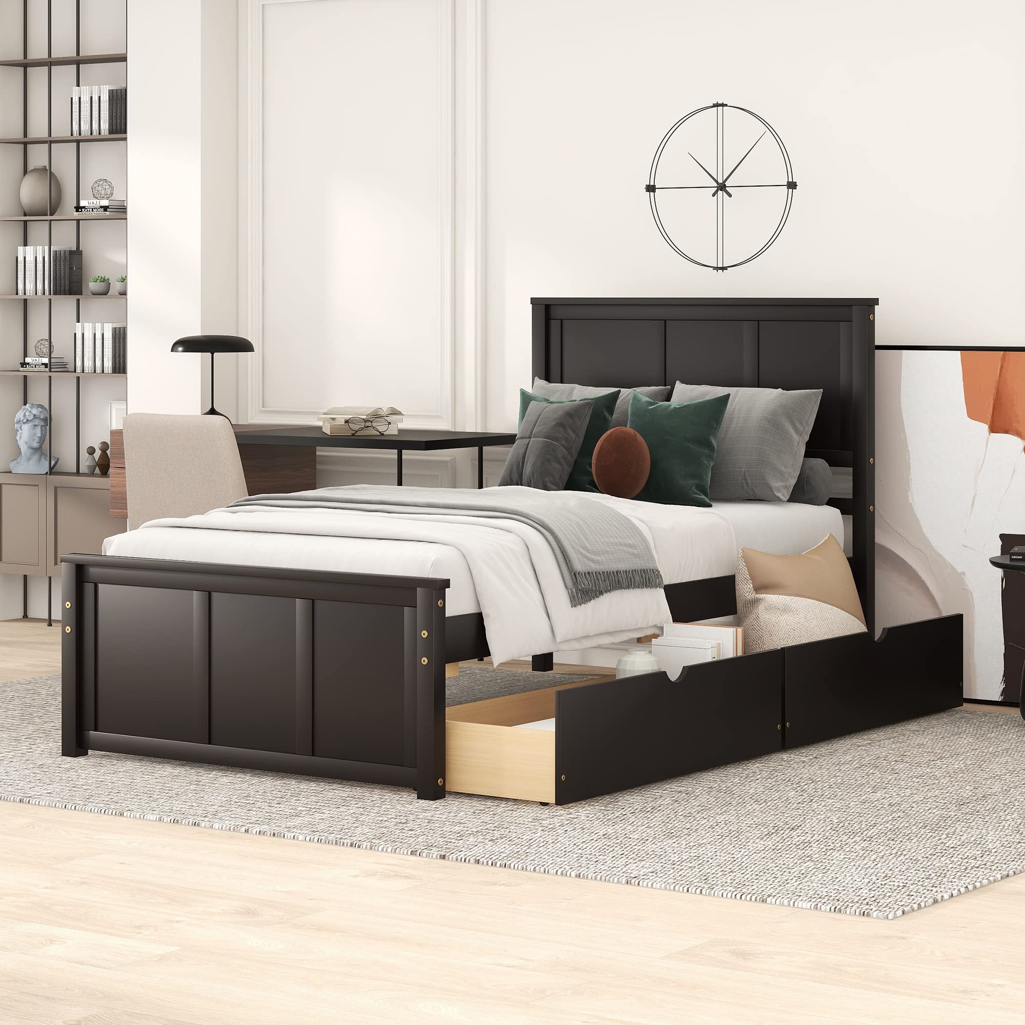 Twin Size Wooden Platform Bed Frame with Headboard, Footboard & Storage Drawers - Espresso Finish for Kids, Teens, Boys & Girls - Perfect for Small Bedrooms, Guest Rooms & Dormitories