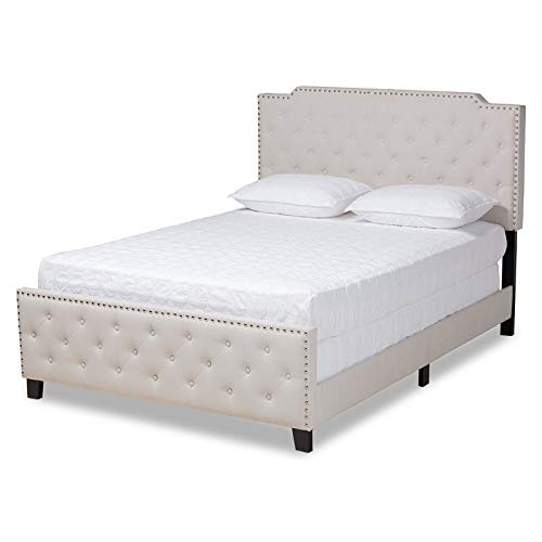 BOWERY HILL Full Size Beige Upholstered Button Tufted Panel Bed Frame with Wooden Slats - Elegant Tufted Headboard for Master Bedroom & Guest Room Decor