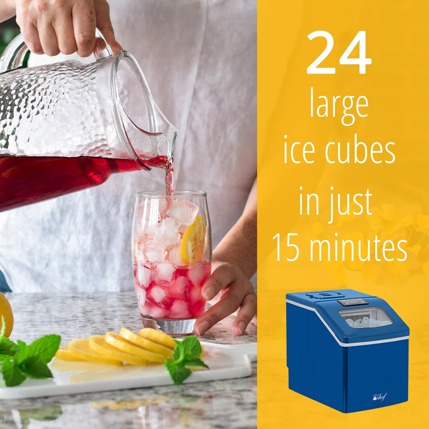 Deco Chef Portable Countertop Ice Maker Machine - 40LB/24H Fast Ice Production, 24 Cubes in 15 Mins, Adjustable Cube Size, Digital Control with Timer, Self-Cleaning Function, EZ Access Flip Lid & Scoop Included (Blue) - Perfect for Home, Office, RV, Boat & Outdoor Parties