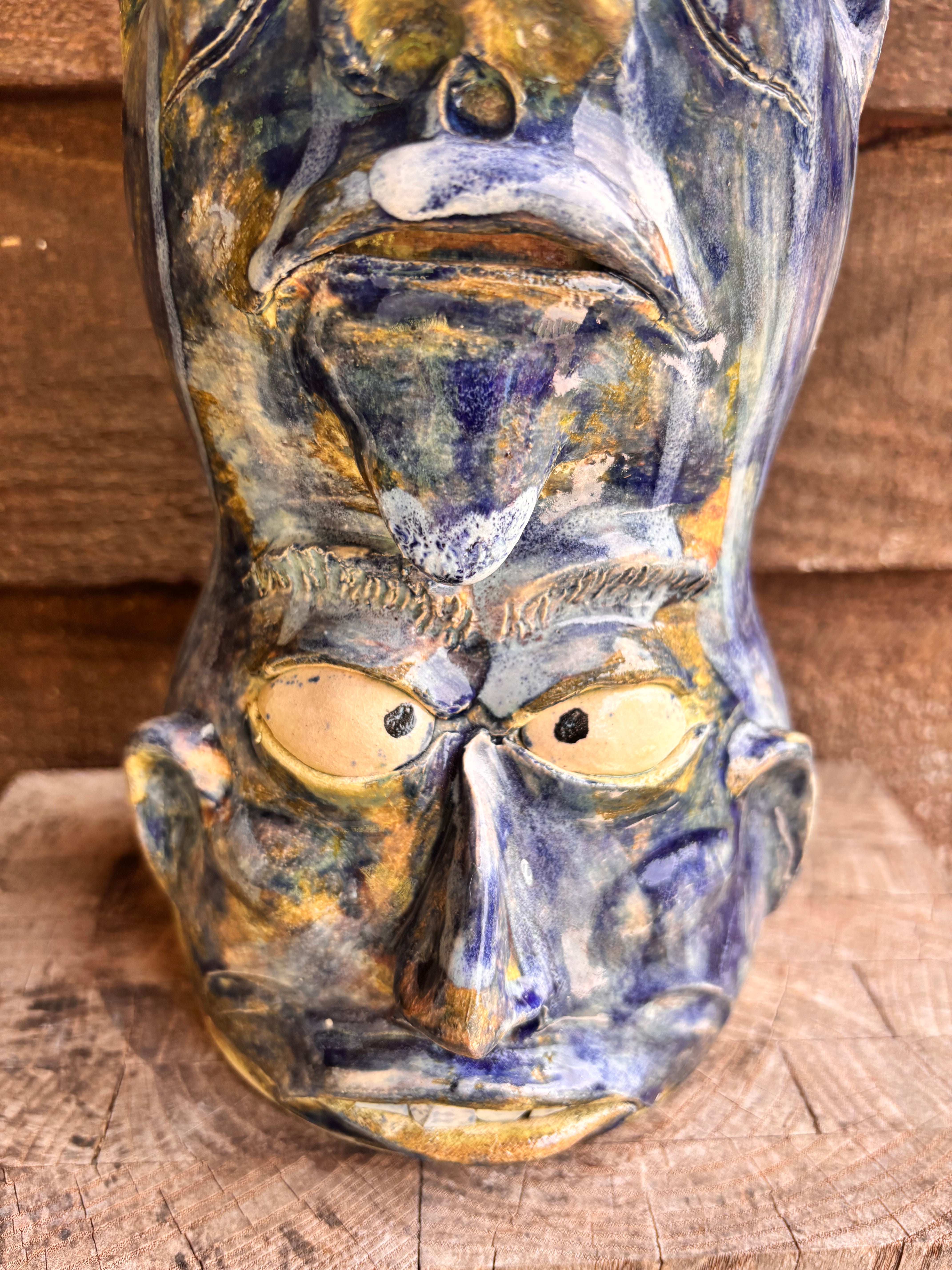 Wayne Hewell Triple Totem 14 Face Ceramic Jug - Handcrafted Tribal Art Pottery for Home Decor, Collectibles & Spiritual Altar Use