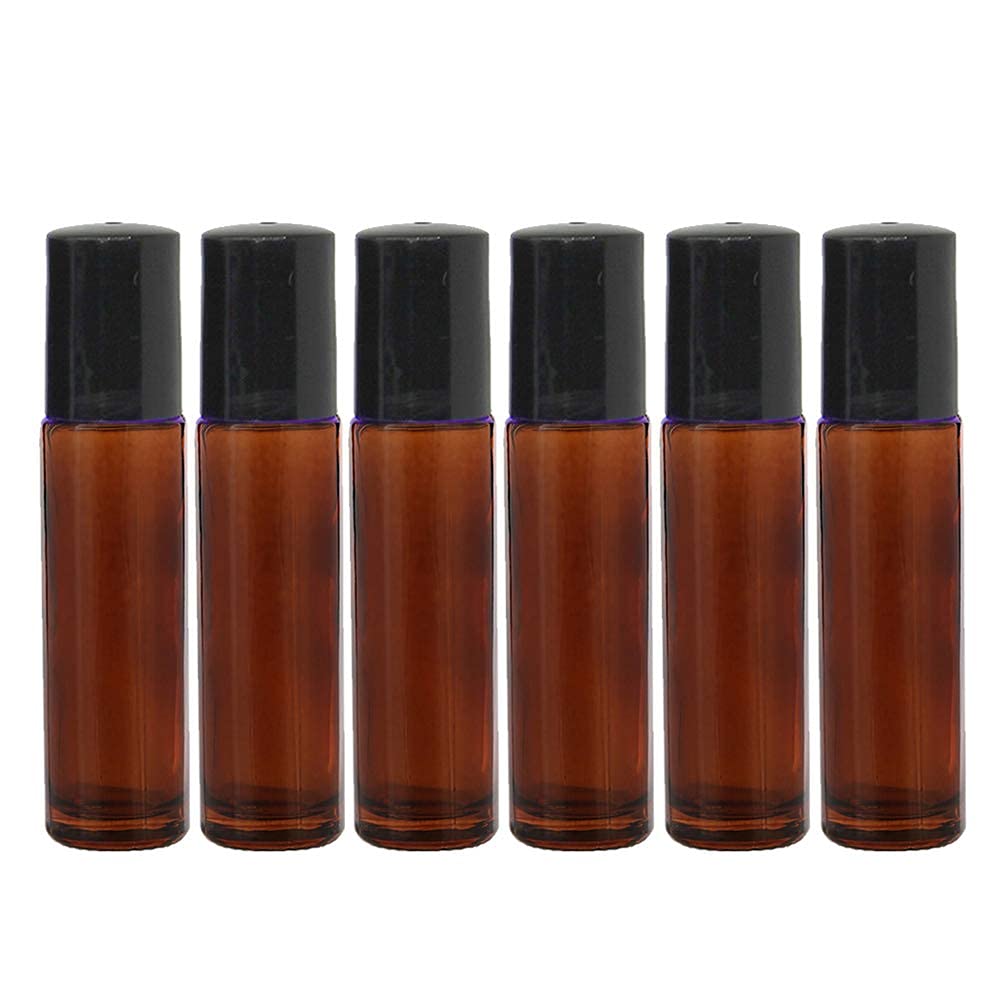 JARBAZAAR 6-Pack Amber Glass Roll On Bottles with Black Cap - 10ml Essential Oil Bottles for Perfumes, Lip Balms, Aromatherapy | Refillable, Reusable & Eco-Friendly Leakproof Roller Bottles - Perfect for DIY Beauty, Travel & Home Use