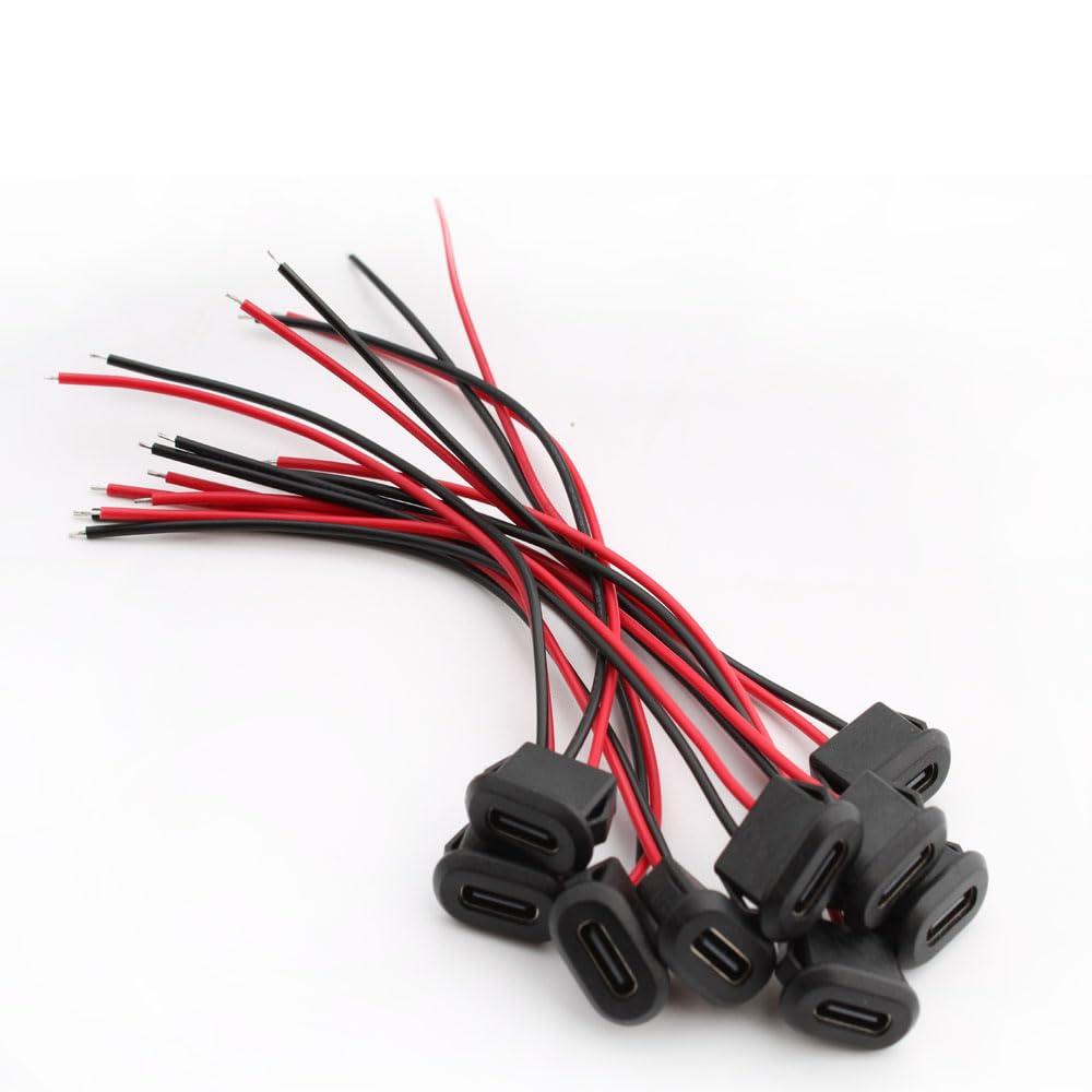 10PCS USB C Female Chassis 2Pin Soldering Jack - Waterproof Type C Pigtail Cable Extension, Power Cable with Micro USB Panel Mount Connector (Black) - Perfect for DIY Electronics, Car Audio & Home Automation Projects
