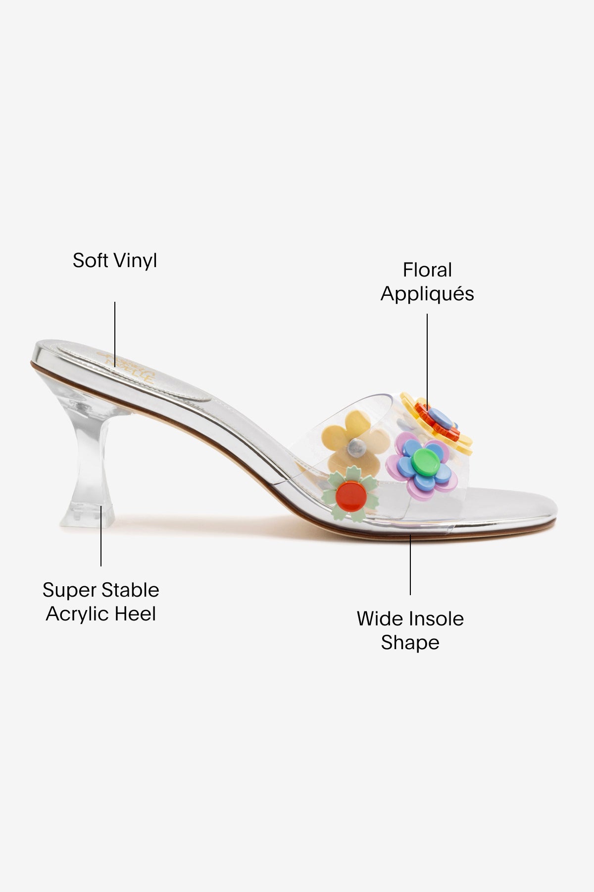 Larroudé x Gabriela Noelle Silver Specchio & Multicolor Acrylic Garden Mule Shoes - Perfect for Spring Weddings, Garden Parties & Summer Outings
