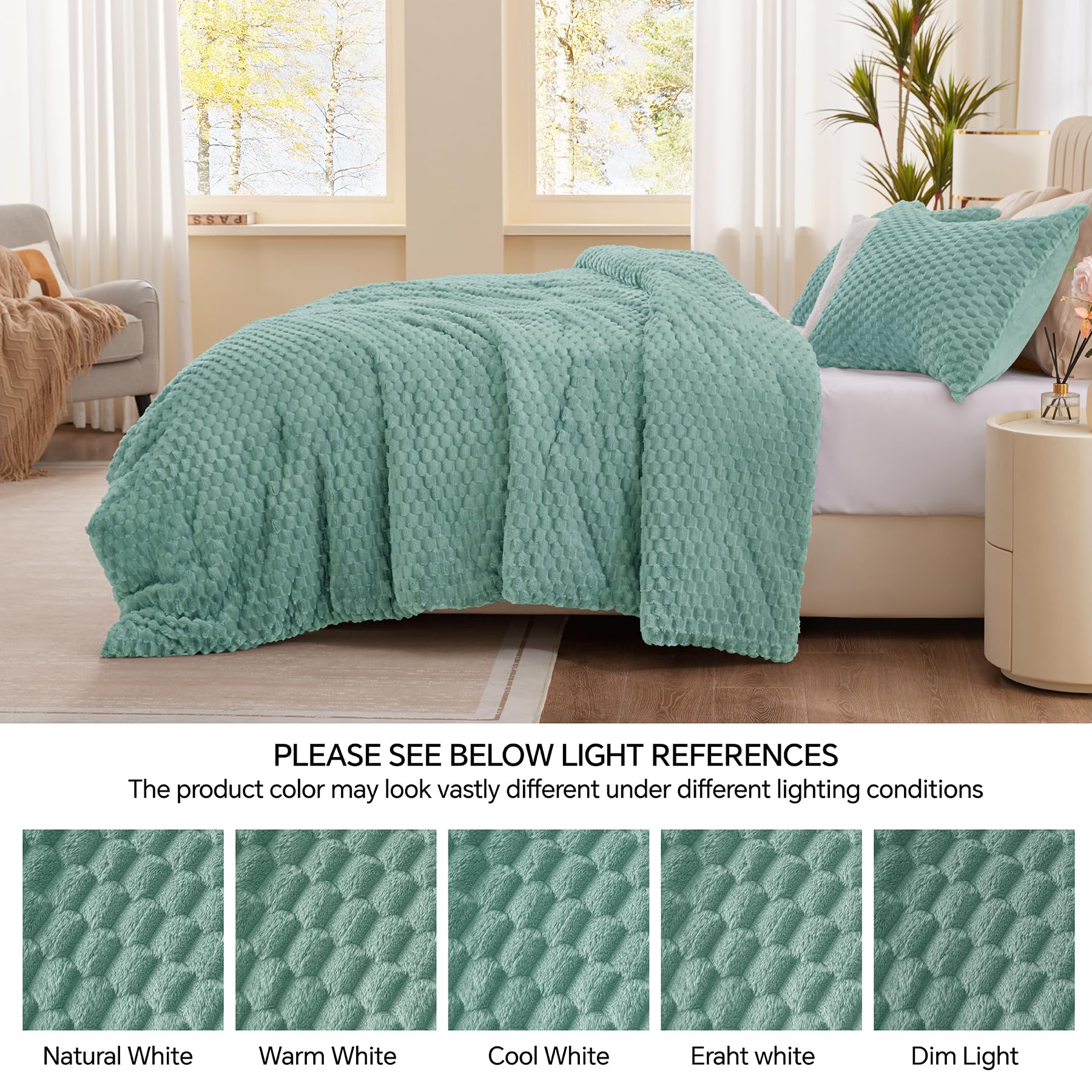 Fluffy King Comforter Set - Luxury Fuzzy Brushed Plaid Pattern Bedding | Ultra Soft Velvet Winter Comforter in Eggshell Blue | 3-Piece Bed Set for Cozy Nights & Cold Weather | Perfect for Master Bedroom, Guest Room & Dorm Decor