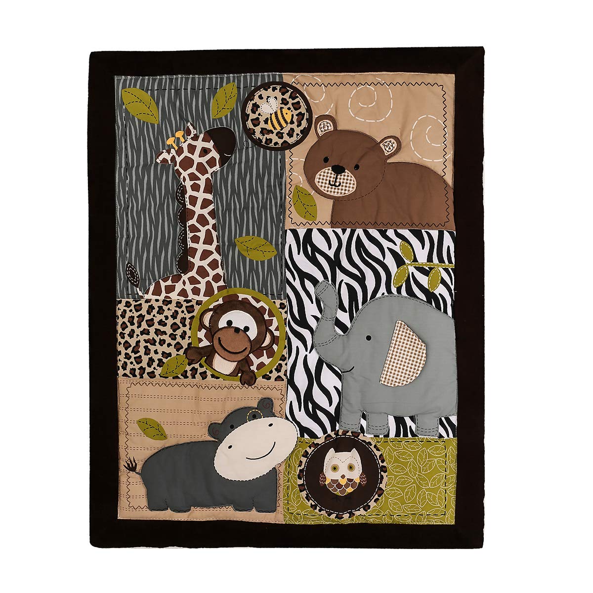JAHbaby 4-Piece Brown Wild Animal Nursery Crib Bedding Set - Elephant Giraffe Bear Hippo Design for Baby Boys - Includes Quilt, Fitted Sheet, Skirt & Window Valance - Perfect for Jungle-Themed Nursery Decor & Baby Shower Gifts