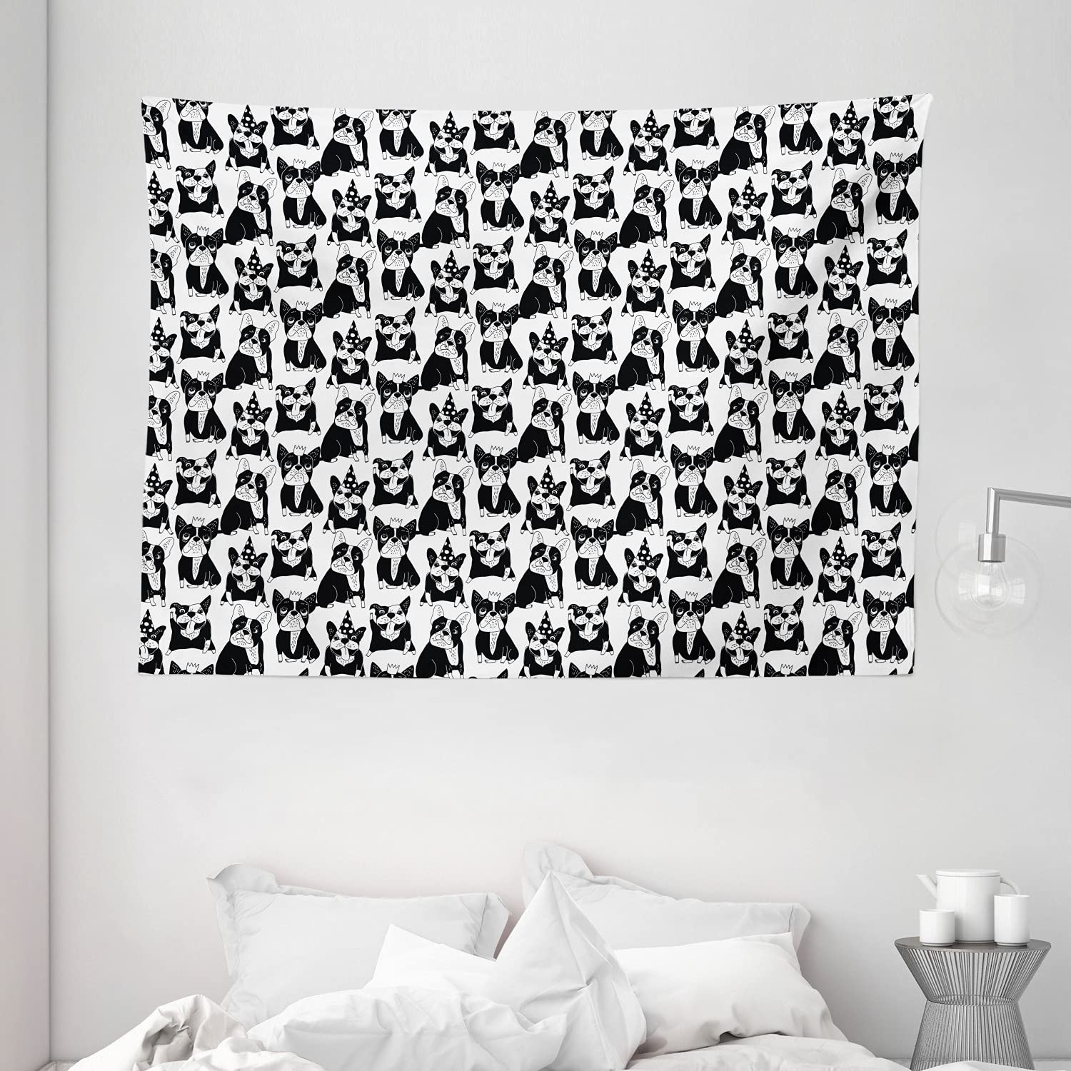 Ambesonne Bulldog Tapestry Wall Art - Playful Doodle Style Dog Design with Party Hats, Black & White Pet Decor (80x60 Inches) for Bedroom, Living Room, Dorm, Nursery or Home Office Decoration