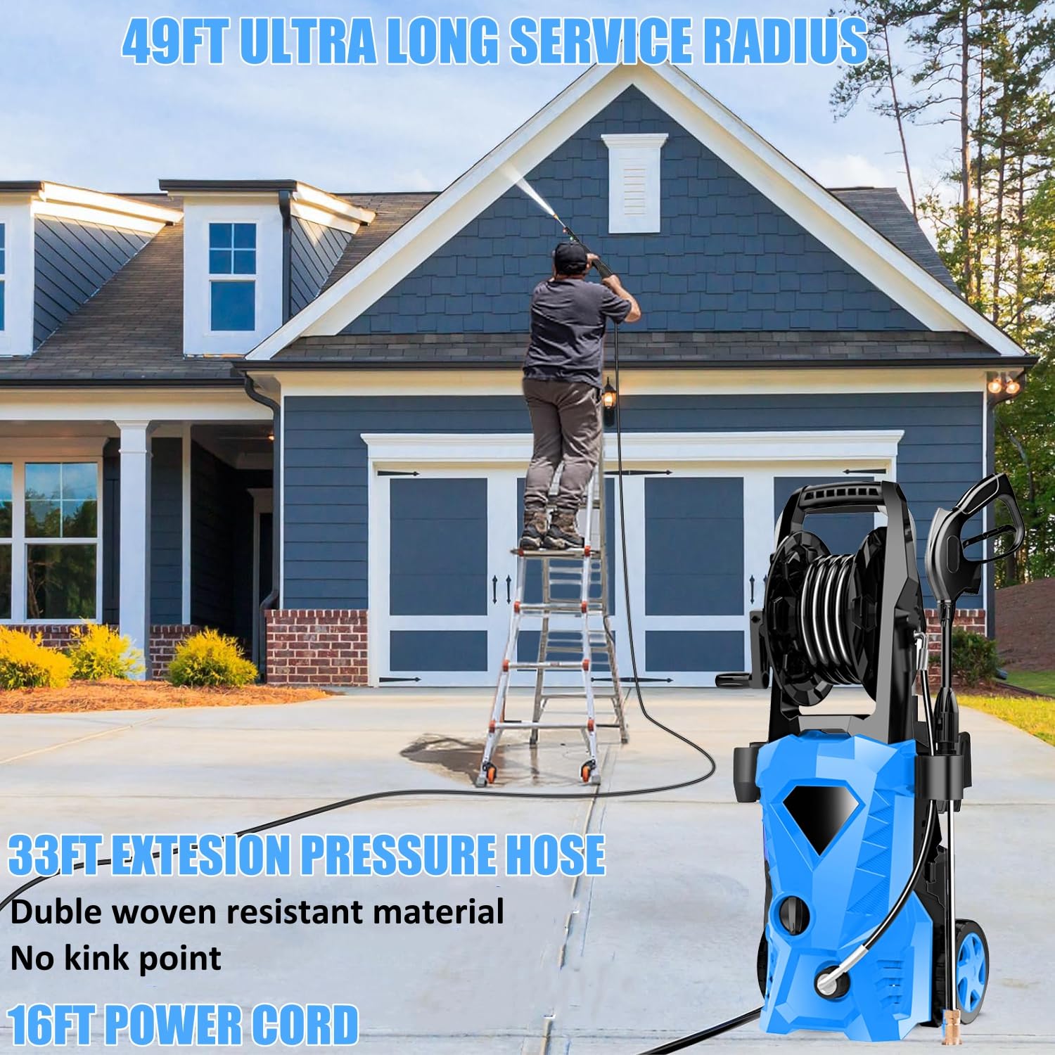 4500PSI 3.0GPM Electric Pressure Washer with Upgraded 33ft Hose Reel, Foam Cannon & 4 Nozzles - High Power Electric Cleaner for Home, Driveway, Car Washing, Patio, Fence and Outdoor Cleaning - Perfect for Residential and Commercial Use