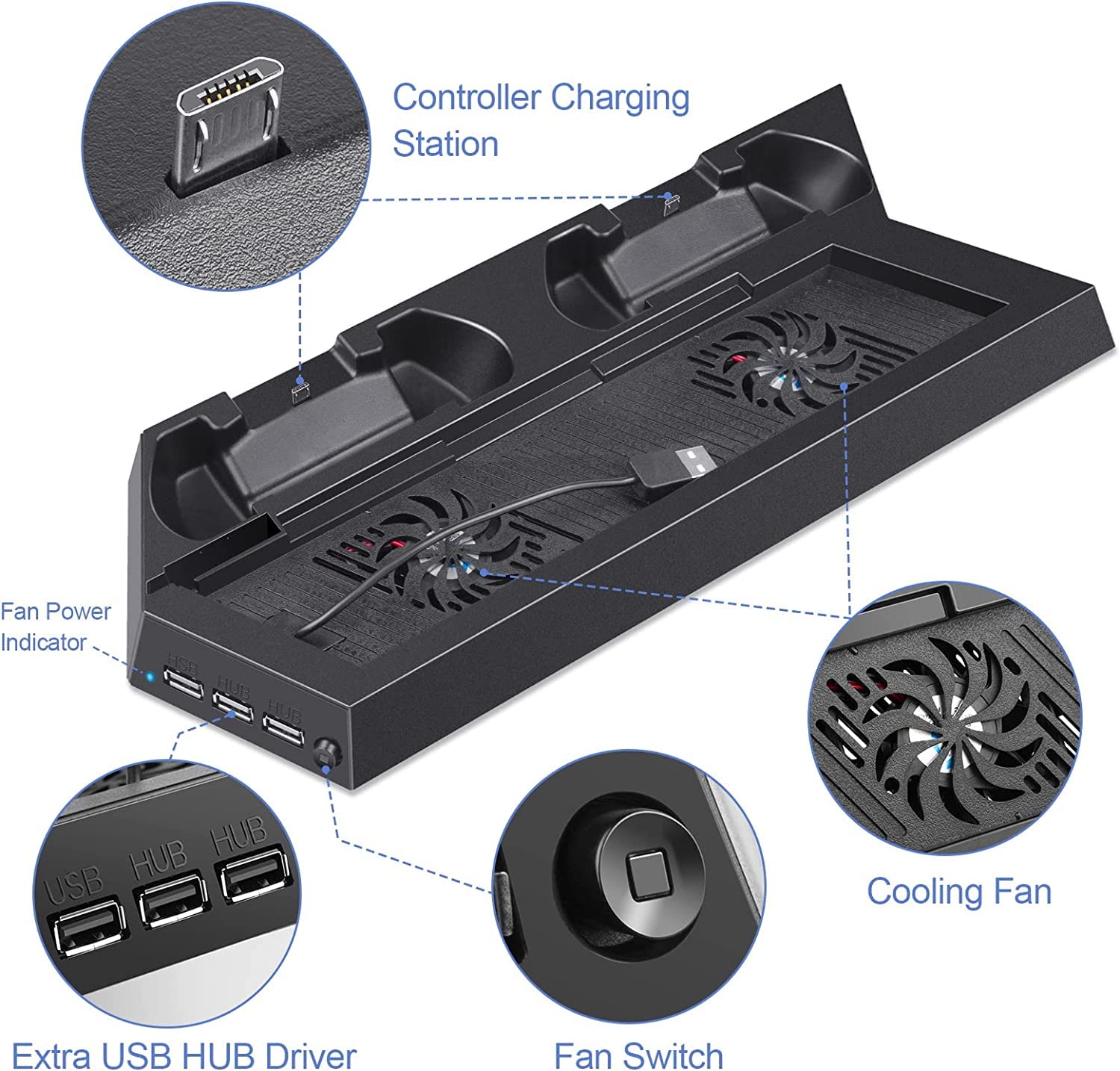 Vertical Charging Stand with Cooling Fan for PS4 Controller - Dual Station Charger for Sony PlayStation 4 Console (Not Compatible with PS4 Slim/Pro) - Perfect for Gaming Sessions & Organized Controller Storage