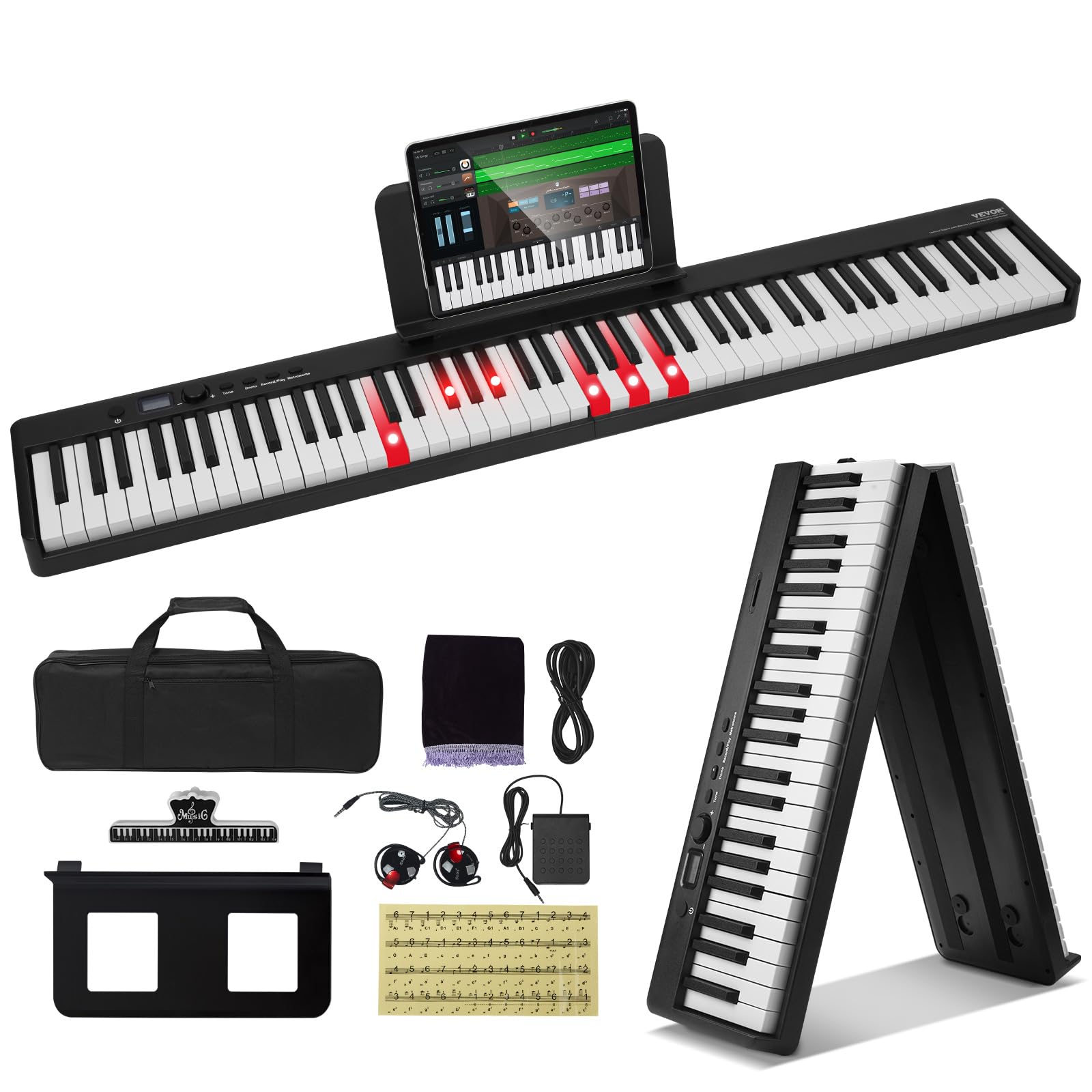 VEVOR 88-Key Portable Digital Piano with Bluetooth, MIDI, Touch Sensitive Keys, Sustain Pedal & Carry Bag - Rechargeable Foldable Keyboard for Beginners, Teens & Adults (Black, BX-20) - Perfect for Home Practice, Music Lessons & Travel Performances