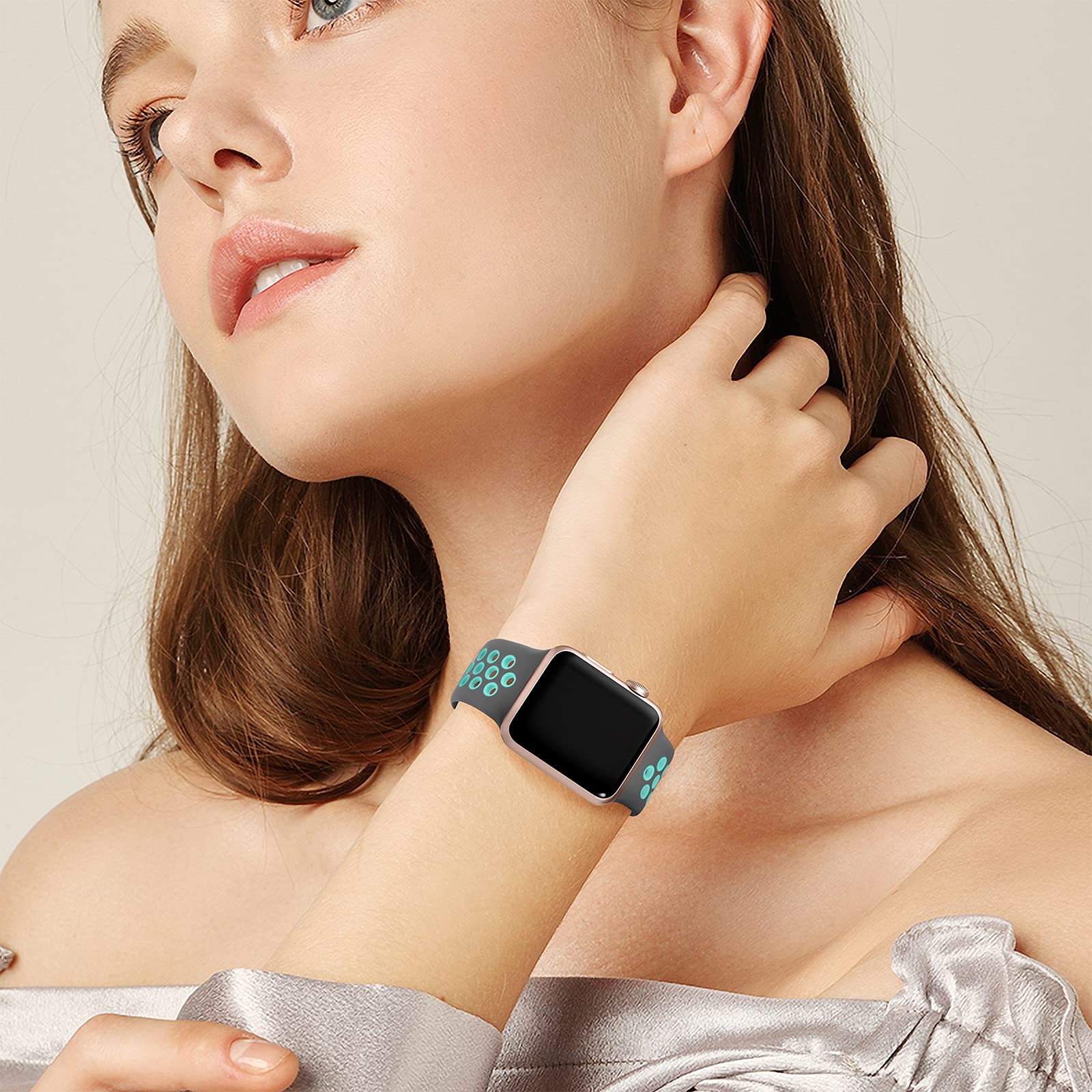 Lerobo Soft Silicone Sport Band Compatible with Apple Watch 40mm 38mm 42mm 41mm - for Series 10/9/8/7/6/5/4/3/2/1/SE - Breathable Air Hole Design for Women & Men (Gray/Teal, S/M) - Perfect for Running, Gym Workouts & Daily Wear