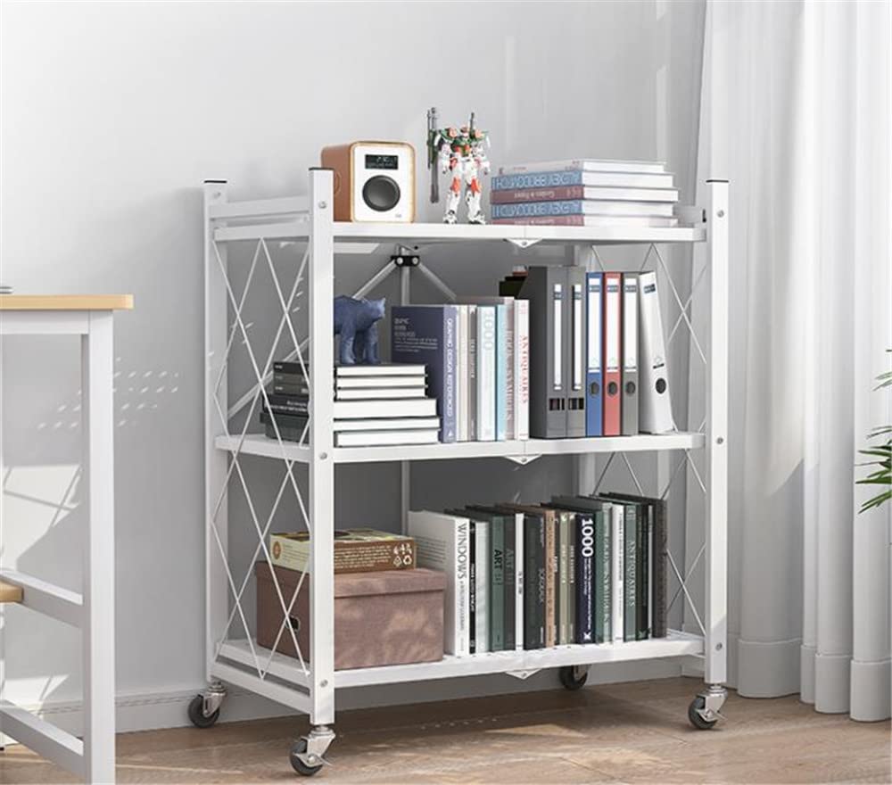 3-Tier Foldable Metal Storage Shelf with Wheels - Heavy Duty Freestanding Shelving Unit for Kitchen, Pantry, Closet & Garage Organization - White (28