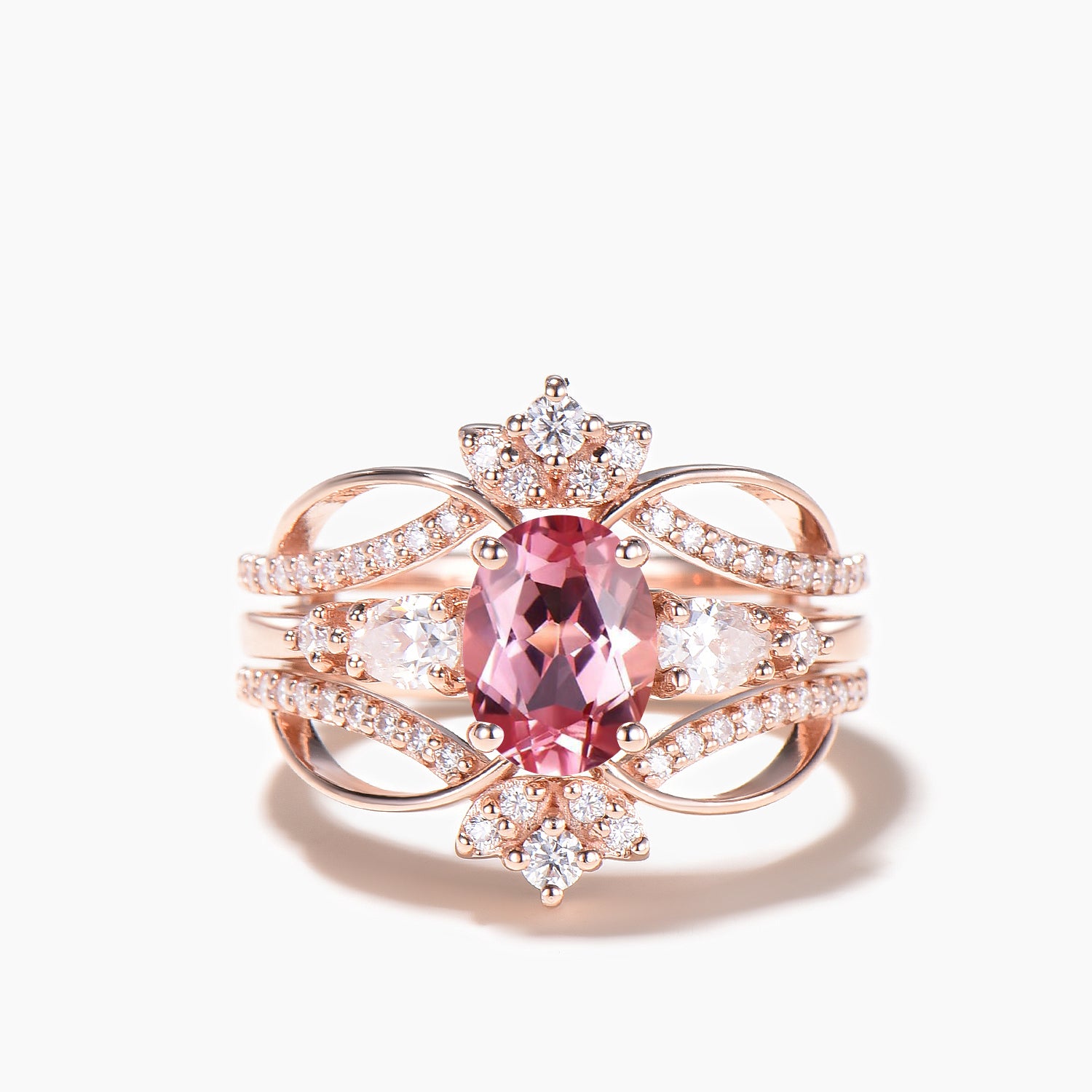 Oval Padparadscha Sapphire & Moissanite Engagement Ring Set - Bridal Wedding Band Enhancer for Women | Perfect for Proposals, Anniversaries & Special Occasions