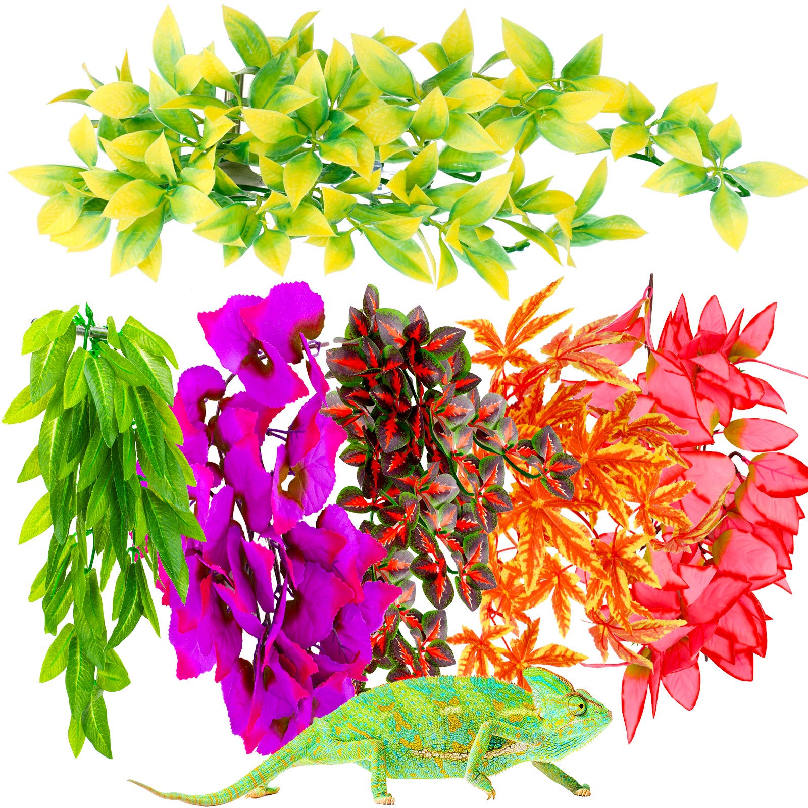 WILLBOND 6-Pack Artificial Reptile Plants - Plastic Hanging Terrarium Decor with Suction Cups for Lizards, Hermit Crabs & Reptile Habitats (Classic Color) - Perfect for Jungle-Themed Terrariums & Reptile Enclosures