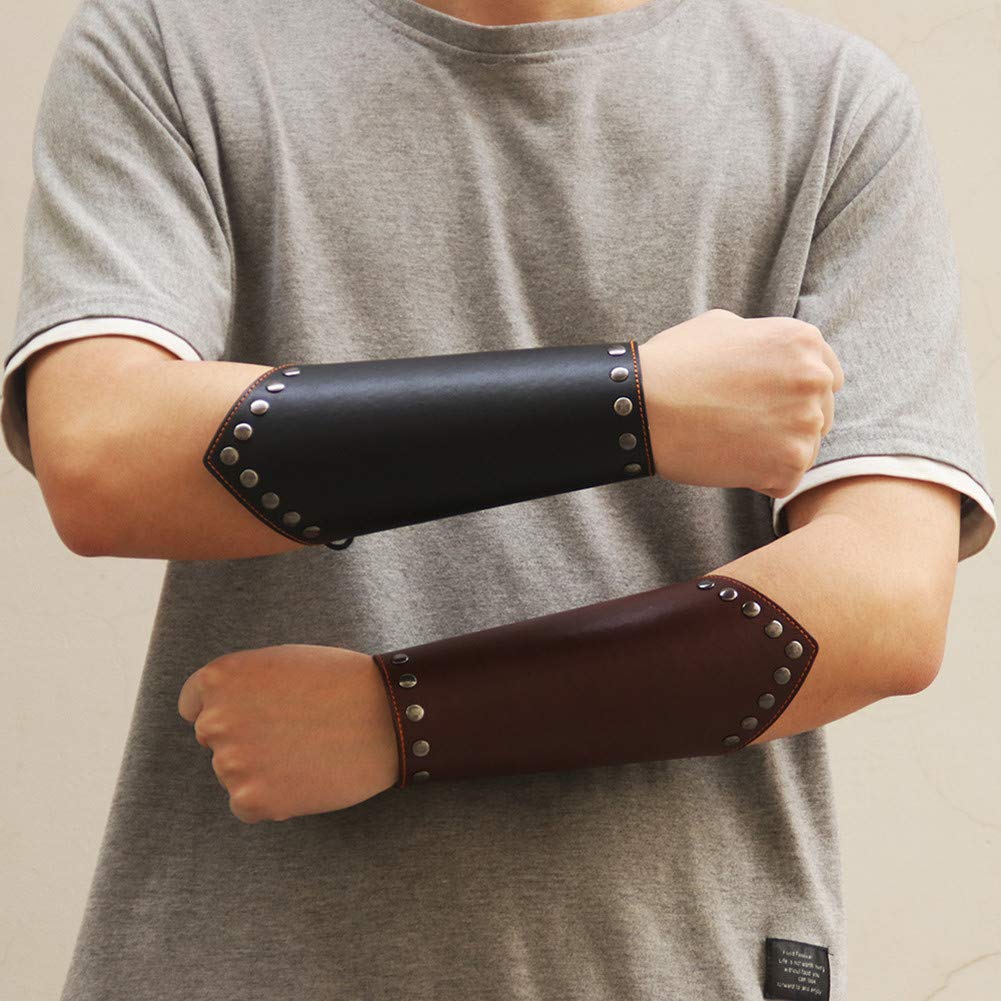 Hanv Men's Black & Brown Leather Wristband - Punk Rock Biker Wide Strap Bracelet, Arm Cuff for Motorcycle Riding, Concerts & Gothic Fashion Accessories