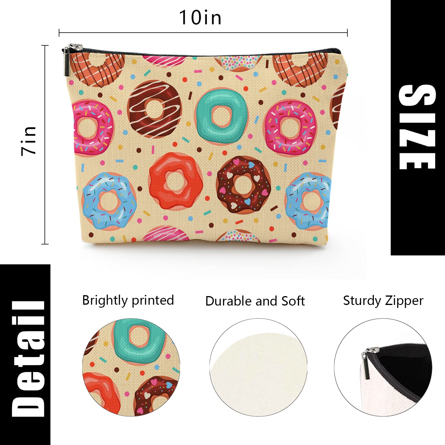 Large Travel Makeup Bag for Women - Waterproof Cosmetic Organizer with Zipper Pouch, 7x10 Inch Toiletry Bag for Makeup Brushes & Skincare (Cute Donut Design) - Perfect for Vacation, Gym & Daily Use