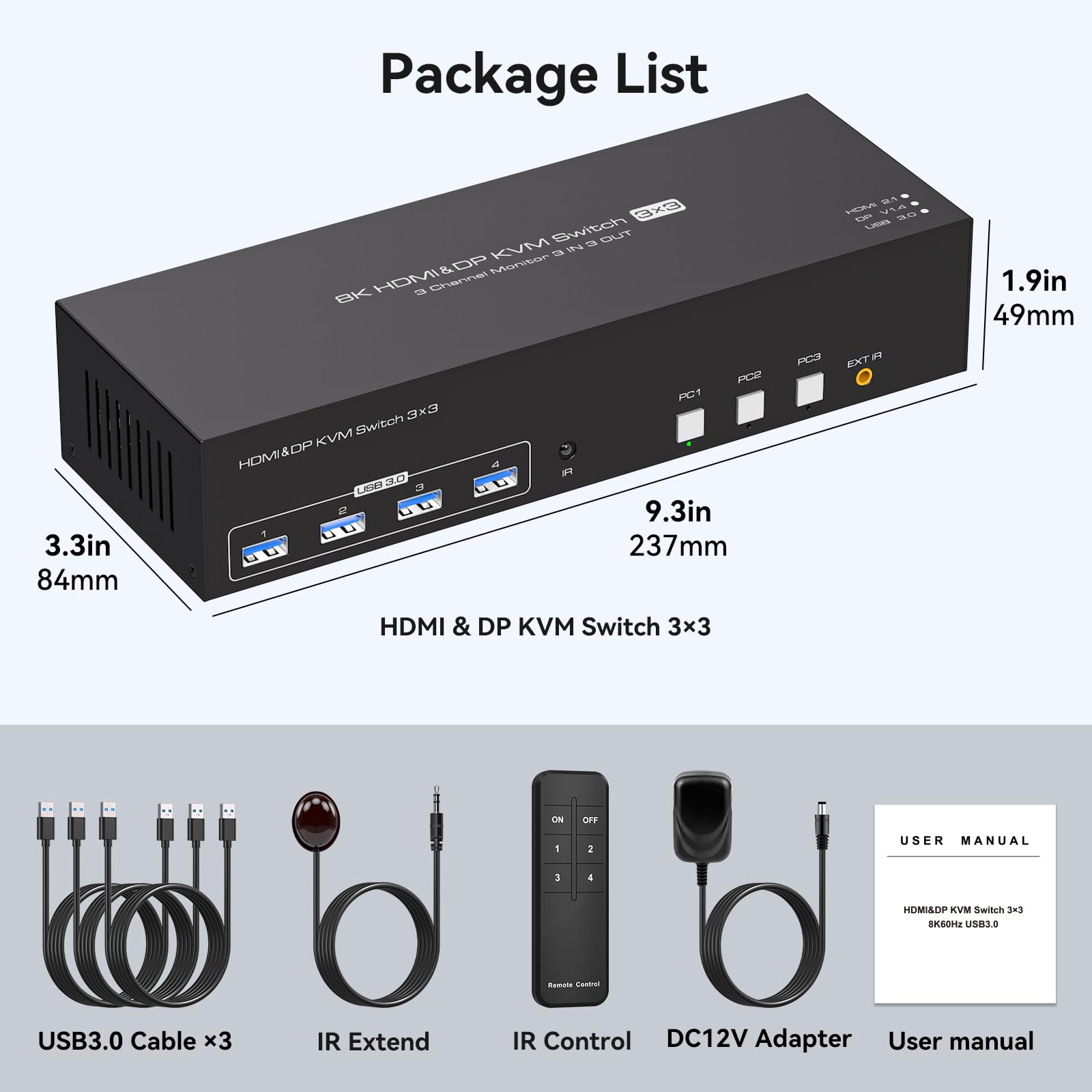 PVBCTCSID 8K 2 DisplayPort HDMI KVM Switch - 3 Monitors for 3 Computers, 4K 144Hz Triple Monitor KVM for 3 PCs, Share 3 Screens with 4 USB 3.0 Ports & Remote Control - Perfect for Gaming, Office Work & Multi-Tasking