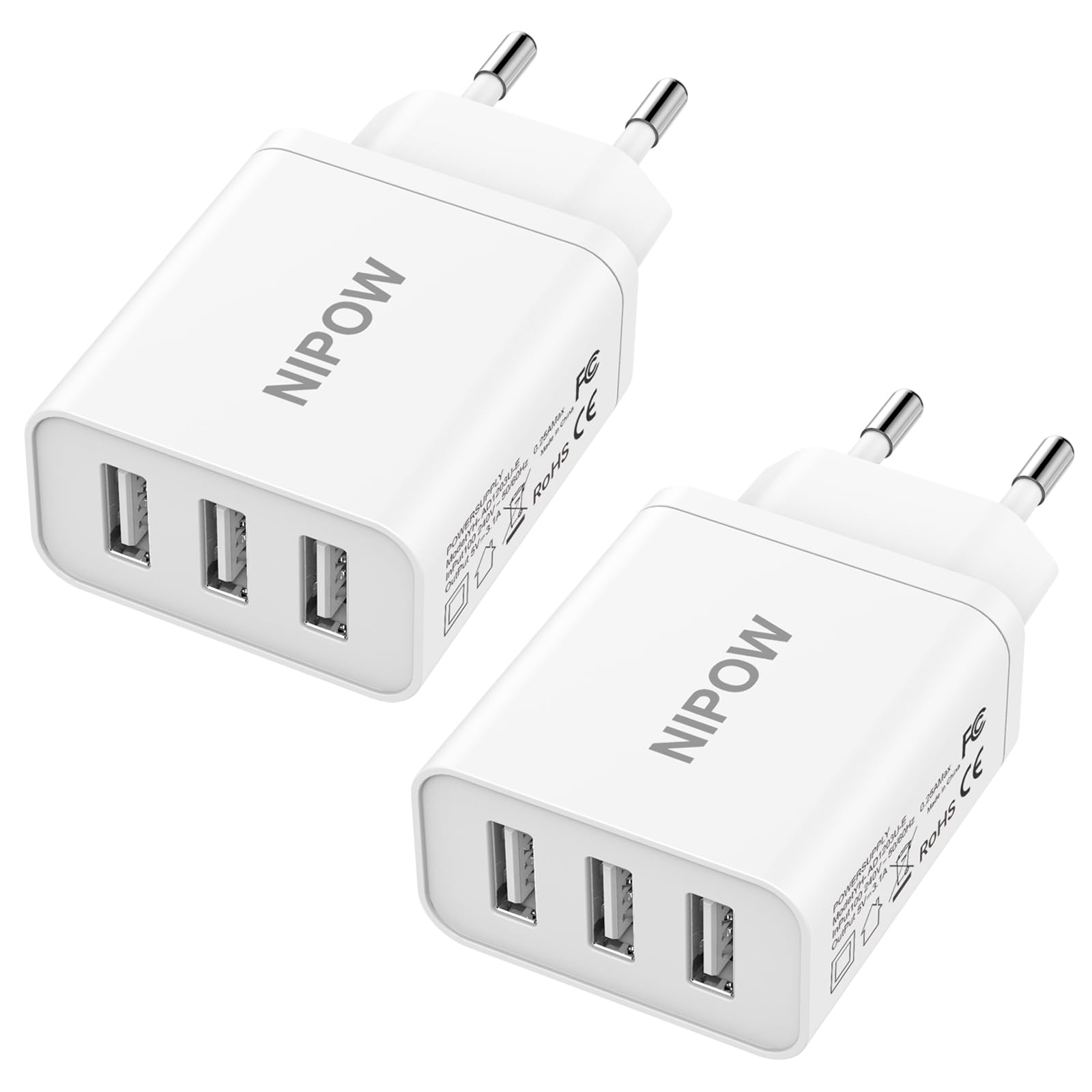 2-Pack 3-Port USB Wall Charger with Fast Charging (15W/3A) - Multi USB Power Adapter for iPhone 14/13/12/11/XS/X/8/7/6, Samsung Galaxy/Note, Xiaomi, Huawei - Perfect for Home, Office & Travel Charging Needs