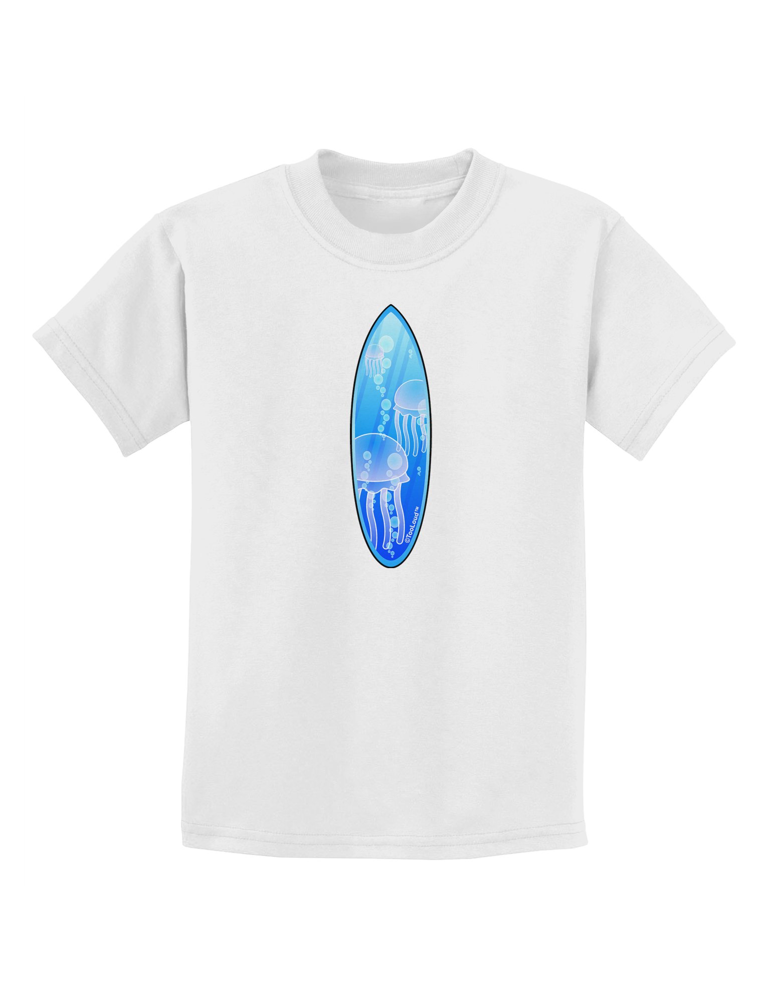 TooLoud Jellyfish Surfboard Kids T-Shirt - Soft Cotton Graphic Tee for Boys & Girls - Perfect for Beach, Surfing & Summer Activities
