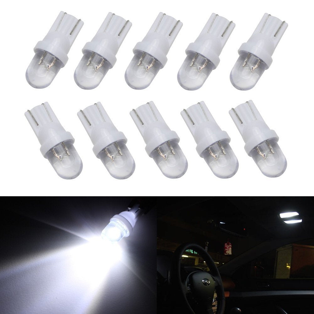 10-Pack White 1 LED 168 175 194 2825 W5W T10 LED Bulbs - Super Bright Car Interior Lights for Dome, Map, Trunk & License Plate Lighting