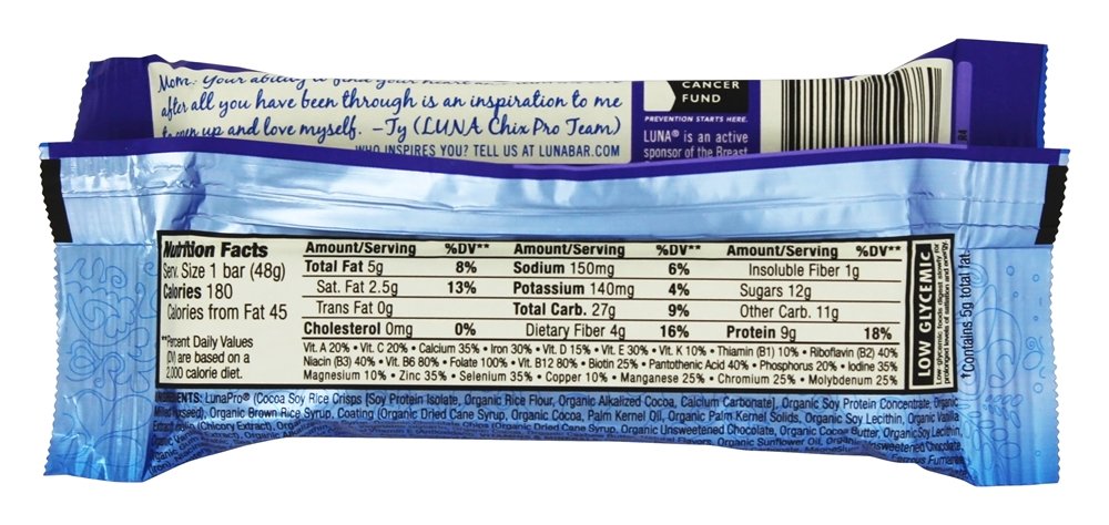 LUNA BAR Gluten Free Protein Snack Bars - Chocolate Cupcake Flavor, 8g Plant-Based Protein, Non-GMO, Vegan - Healthy On-the-Go Snacks for Workouts, Hiking & Travel (1.69oz, 30 Count Pack)