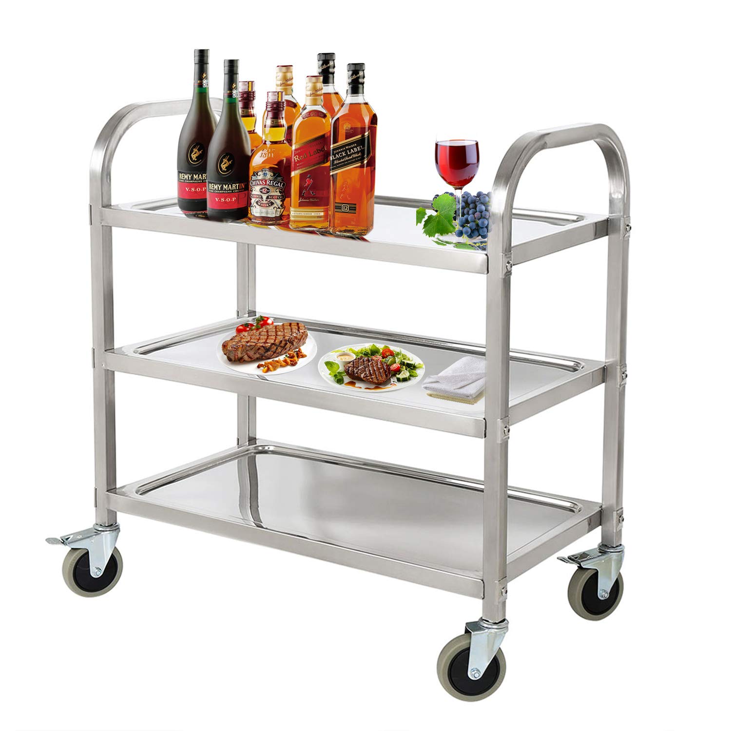 3-Tier Stainless Steel Kitchen Utility Cart with Wheels - Heavy Duty Rolling Serving Cart for Catering, Restaurant, Buffet & Home Kitchen Organization