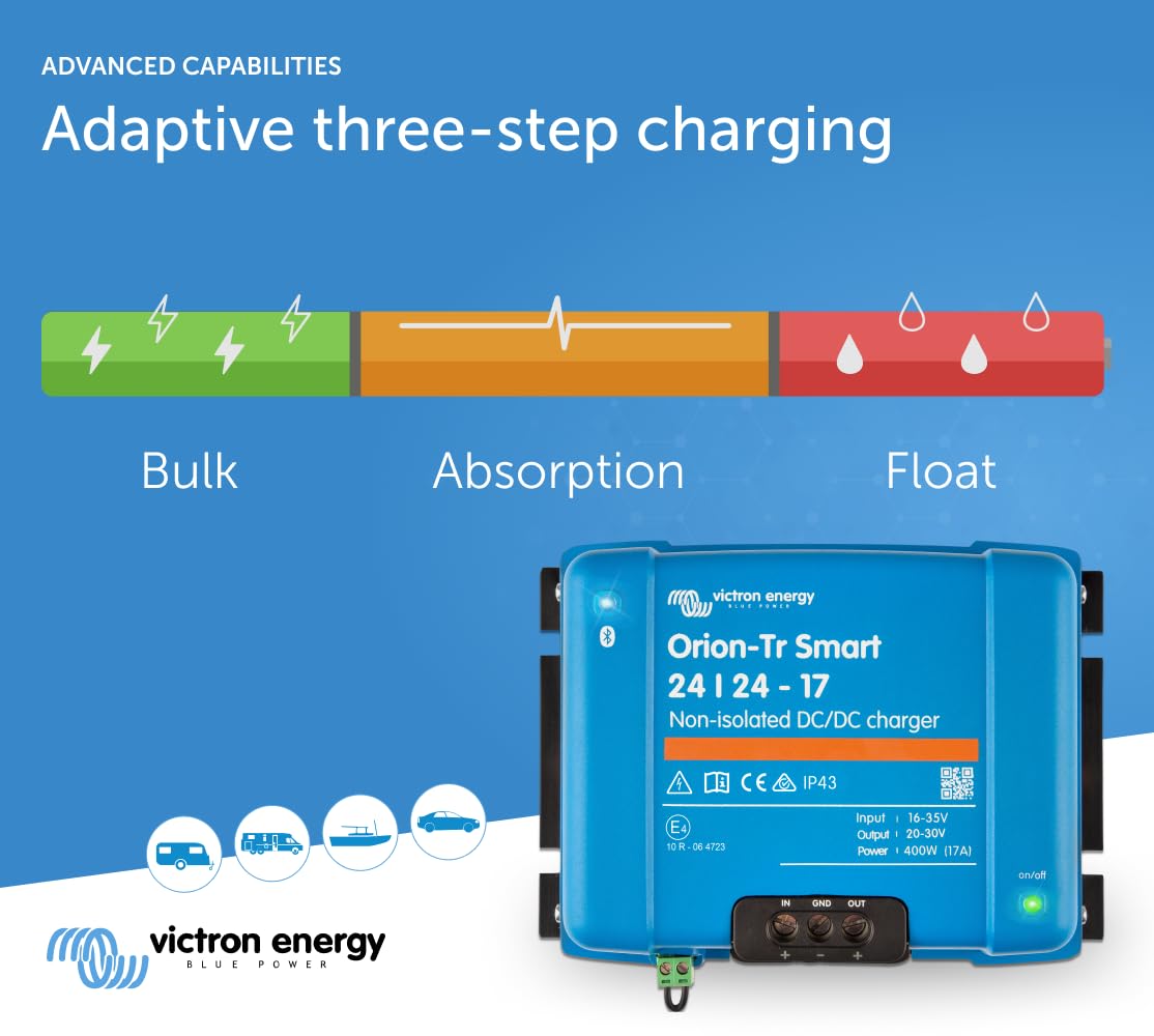 Victron Energy Orion-Tr Smart DC to DC Charger (Bluetooth) - 24V/24V 17A 400W - Dual Battery System Charger for RVs, Boats & Off-Grid Power - Non-Isolated - Perfect for Marine, Automotive & Solar Applications