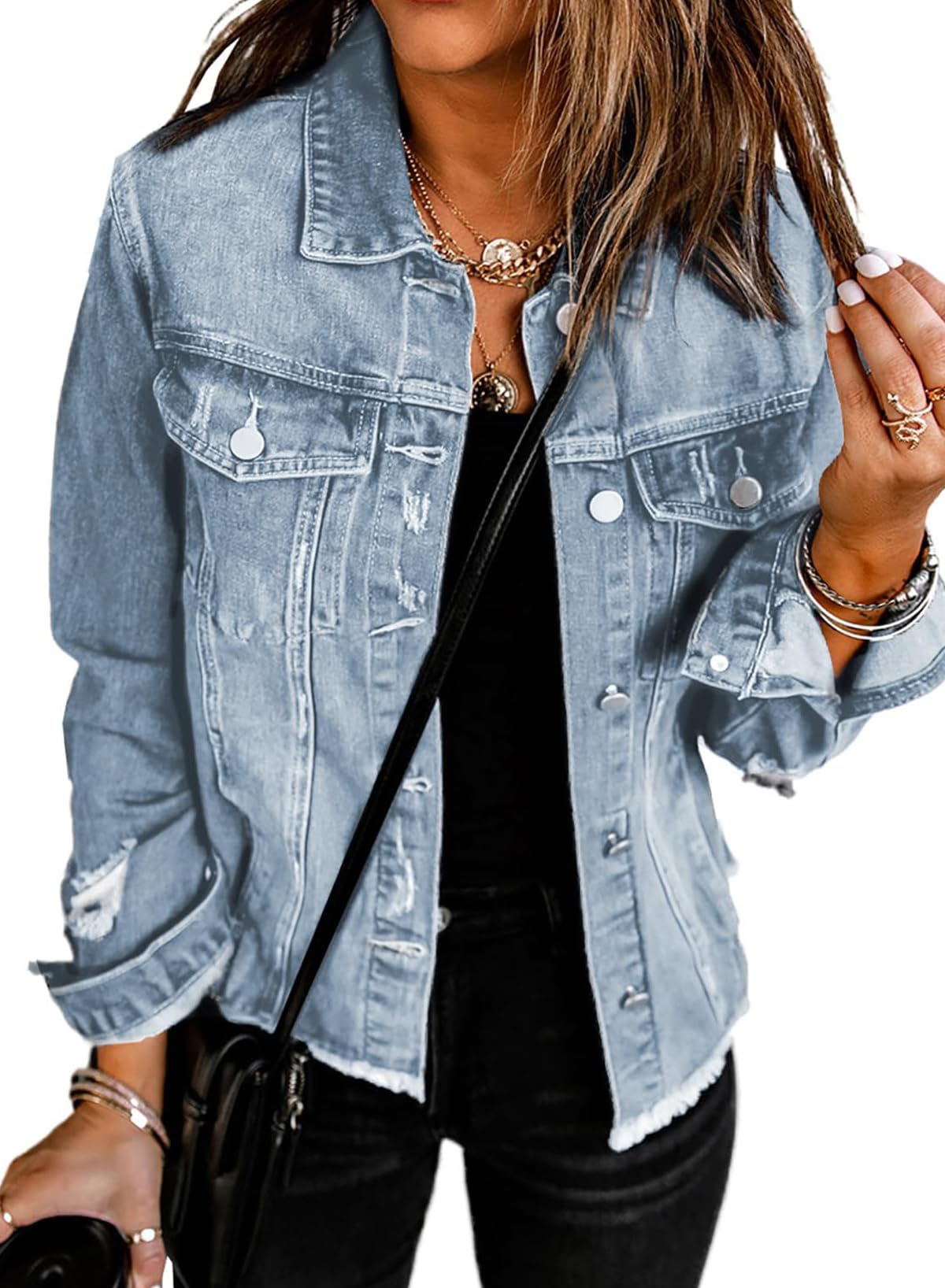 EVALESS Women's Boyfriend Washed Crop Denim Jacket - Stylish Oversized Distressed Jean Coat for Casual Outfits & Streetwear Fashion