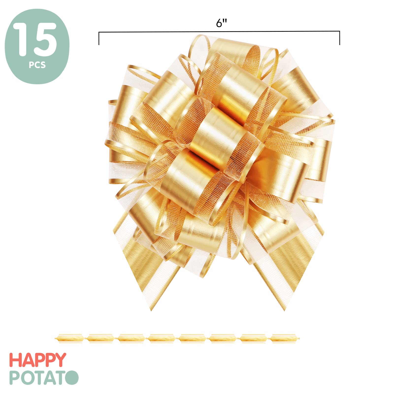 15 PCS 6-Inch Large Gold Pull Bows for Gift Wrapping - Premium Ribbon Bows for Christmas, Birthday, Wedding & All Occasion Presents - Perfect for Gift Boxes, Party Decorations & Special Events