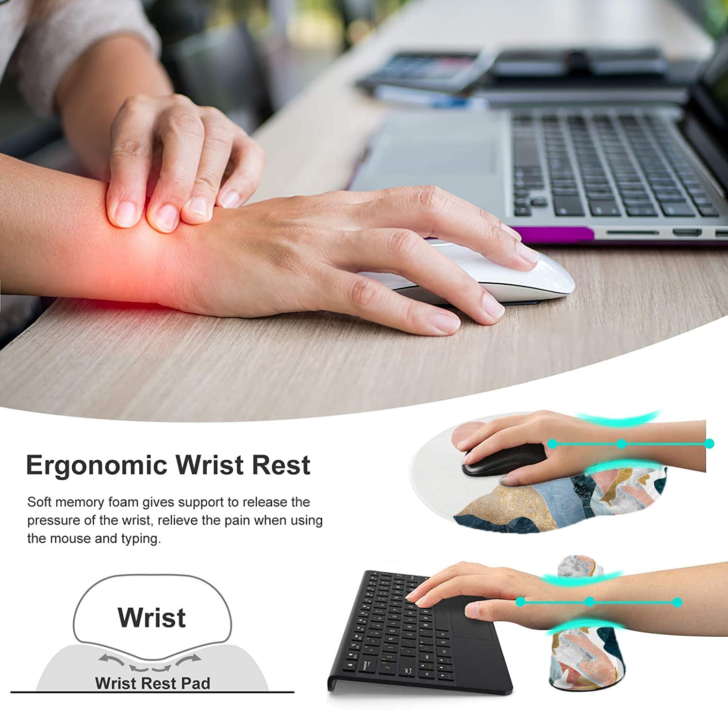 Ergonomic Memory Foam Keyboard Wrist Rest & Mouse Pad Set - Non-Slip Pain Relief Support for Gaming & Office Work - Comfortable Wrist Cushion for PC, Laptop, Typing & Long Computer Sessions