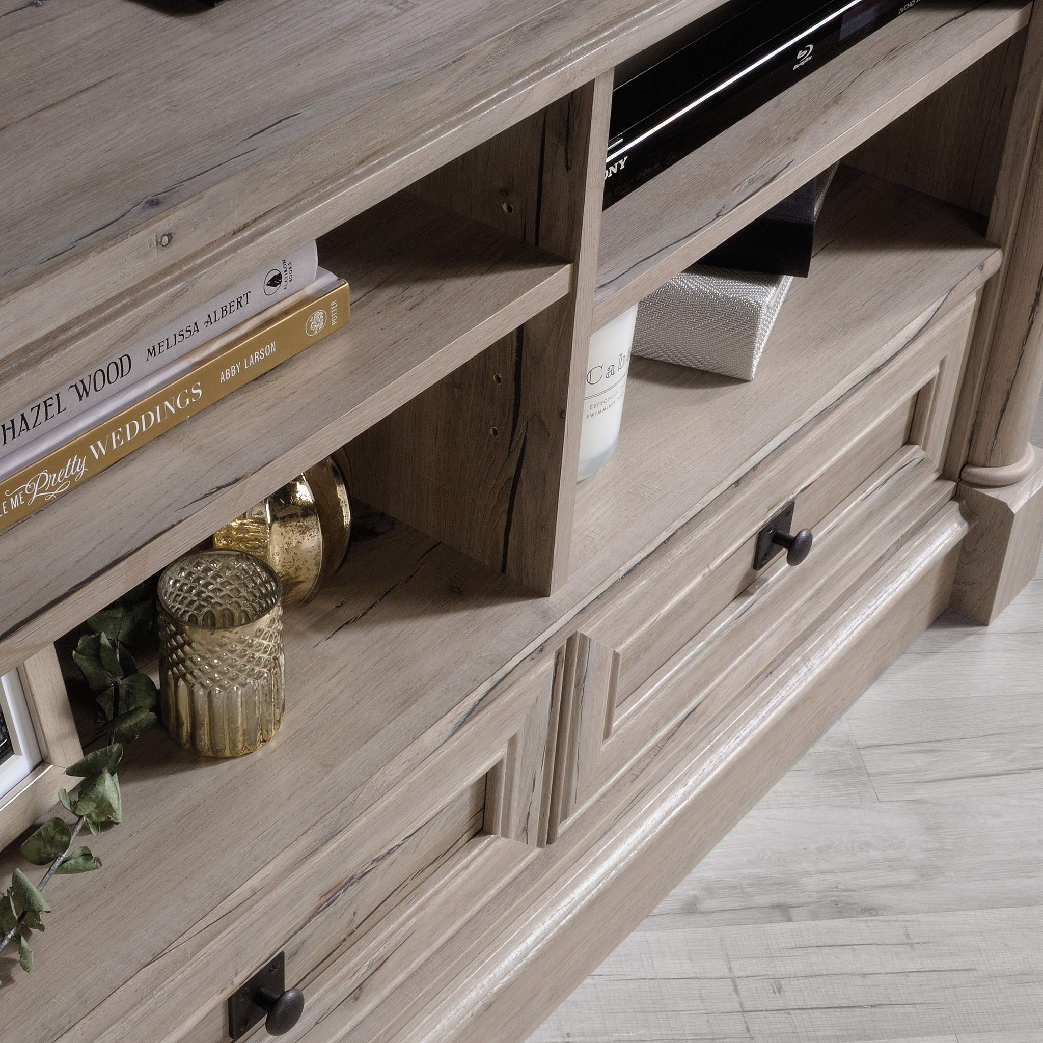 Sauder Palladia Corner TV Stand Console Entertainment Credenza in Split Oak Finish - Stylish Media Storage for Living Room, Bedroom & Home Theater