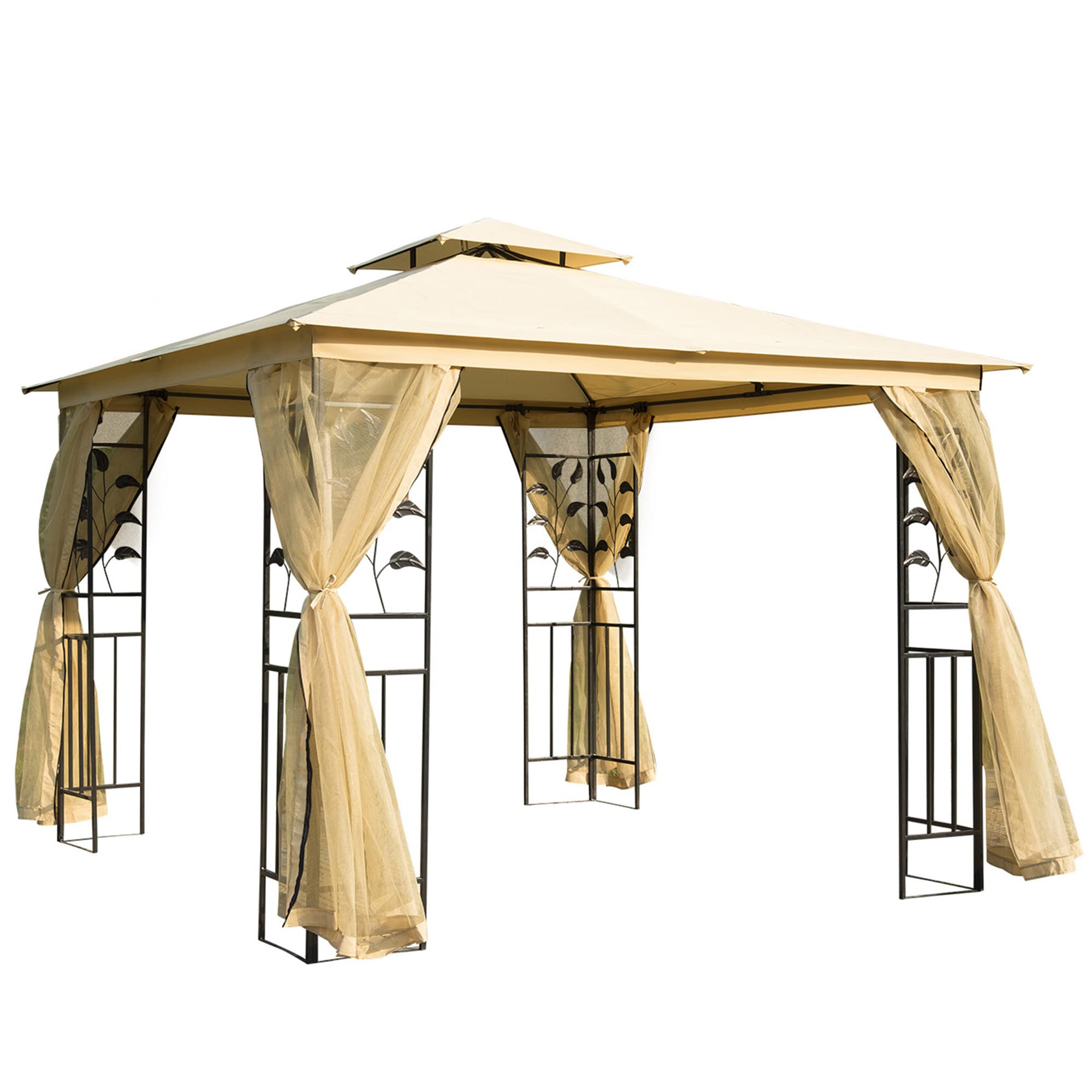 Outsunny 10' x 10' Beige Steel Frame Outdoor Gazebo with 2-Tier Polyester Roof & Mesh Netting Sidewalls - Perfect for Backyard, Patio, Garden Parties and Outdoor Relaxation