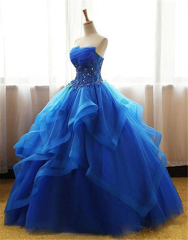 Elegant Purple Strapless Lace Beaded Quinceañera Dress with Ruffles - Long Sleeveless Prom Ball Gown for Women | Perfect for Sweet 16, Formal Dances & Special Occasions