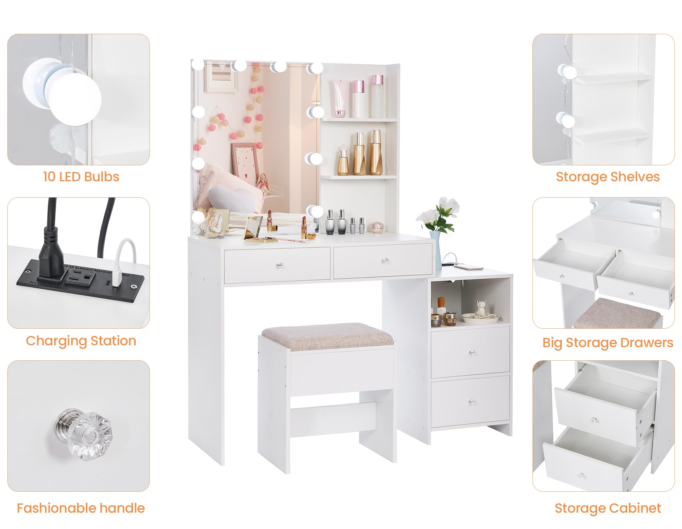 ANWBROAD White Makeup Vanity Desk with LED Lights & Mirror - 10 LED Bulbs, Charging Station, Drawers, Storage Shelves & Stool - Dressing Table for Women & Girls - Perfect for Bedroom, Dorm Room & Beauty Salon (Model: UBDT13W)