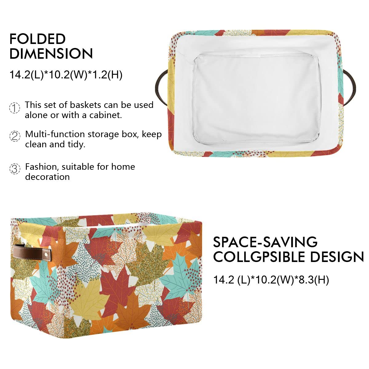 Foldable Fabric Storage Bin - 16x12x8 Inch Laundry Basket, Organizer for Baby Clothes, Dog Toys & Books | Autumn Maple Leaf Design | Perfect for Shelves, Closets & Home Organization | Durable Storage Solution for Seasonal Decor & Household Items