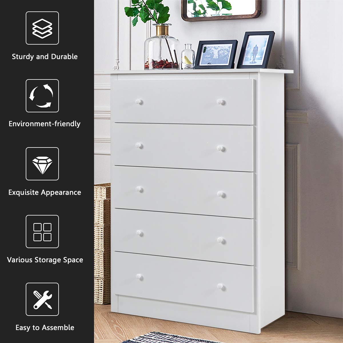 Giantex 5-Drawer Wooden Dresser - White Storage Chest for Bedroom, Hallway & Entryway | Clothes Organizer & Large Cabinet for Home Organization | Perfect for Small Spaces & Apartment Living