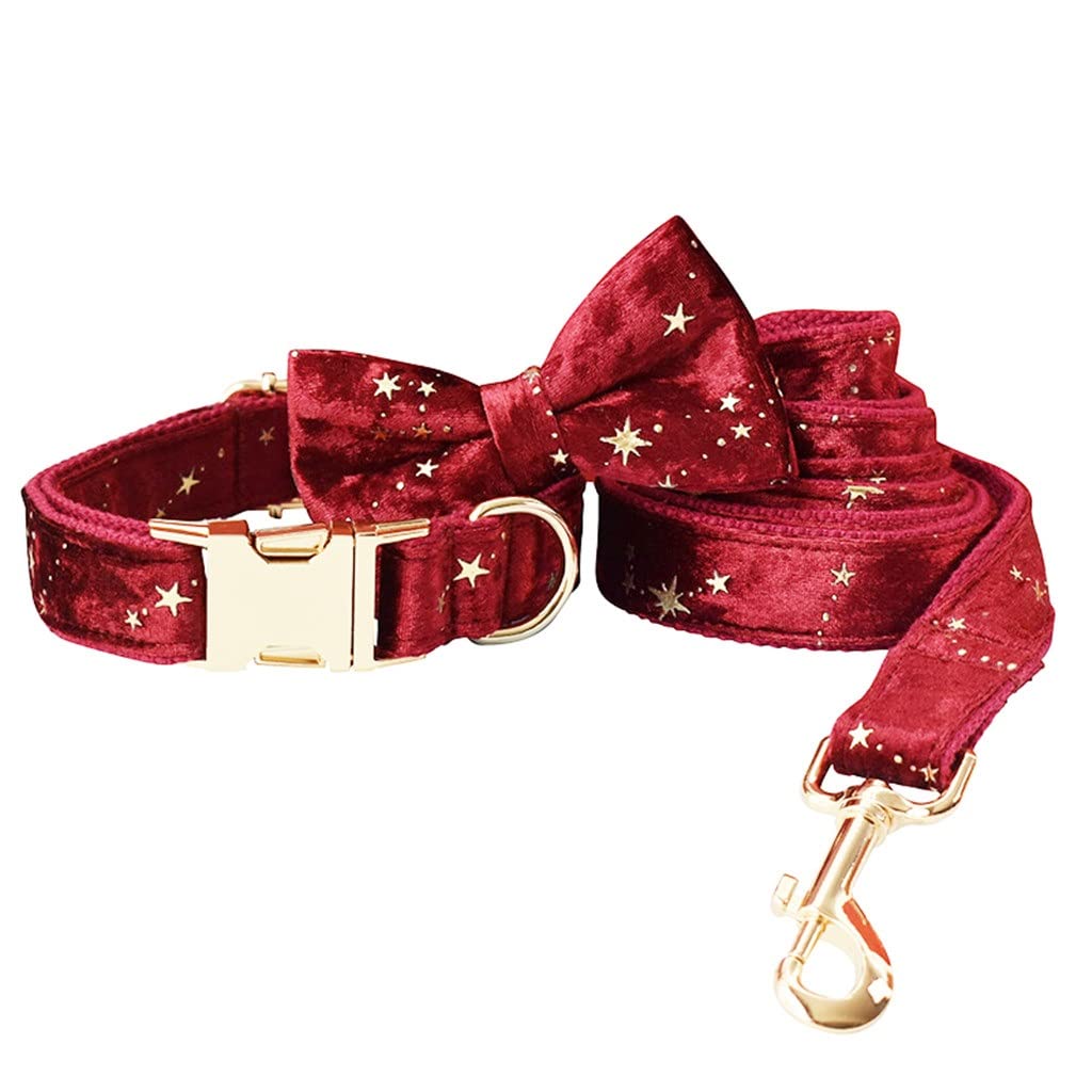 Personalized Christmas Dog Collar Set - Red Velvet Bow Tie with Golden Stars & Matching Leash | Festive Pet Accessories for Holiday Parties & Photo Shoots